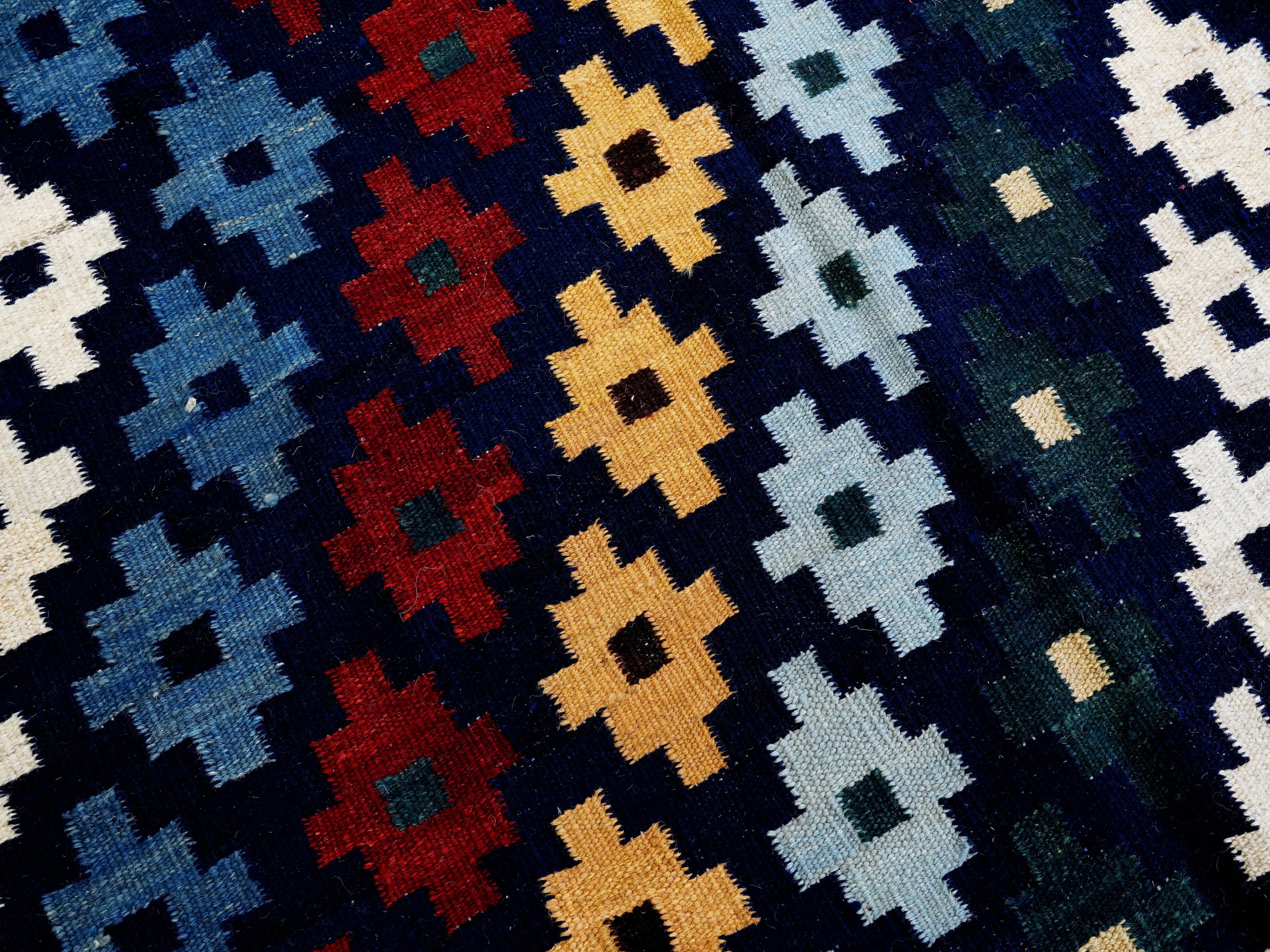 4x6 Ft Navy Blue Kilim Rug - Tribal Flat Weave