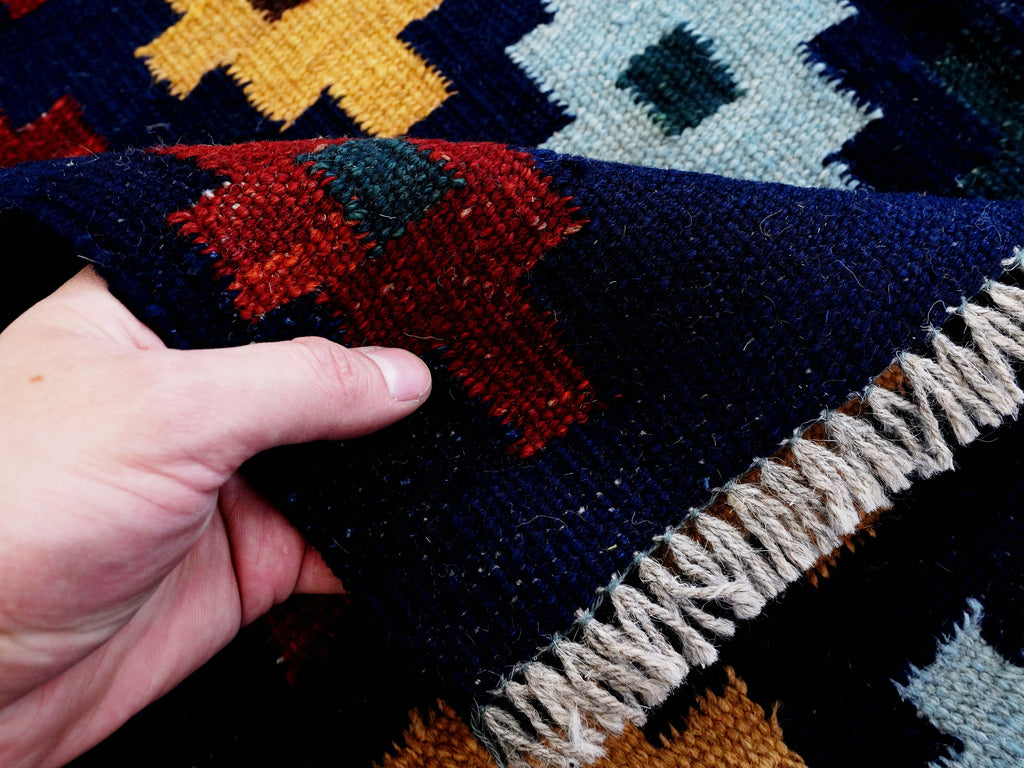 4x6 Ft Navy Blue Kilim Rug - Tribal Flat Weave