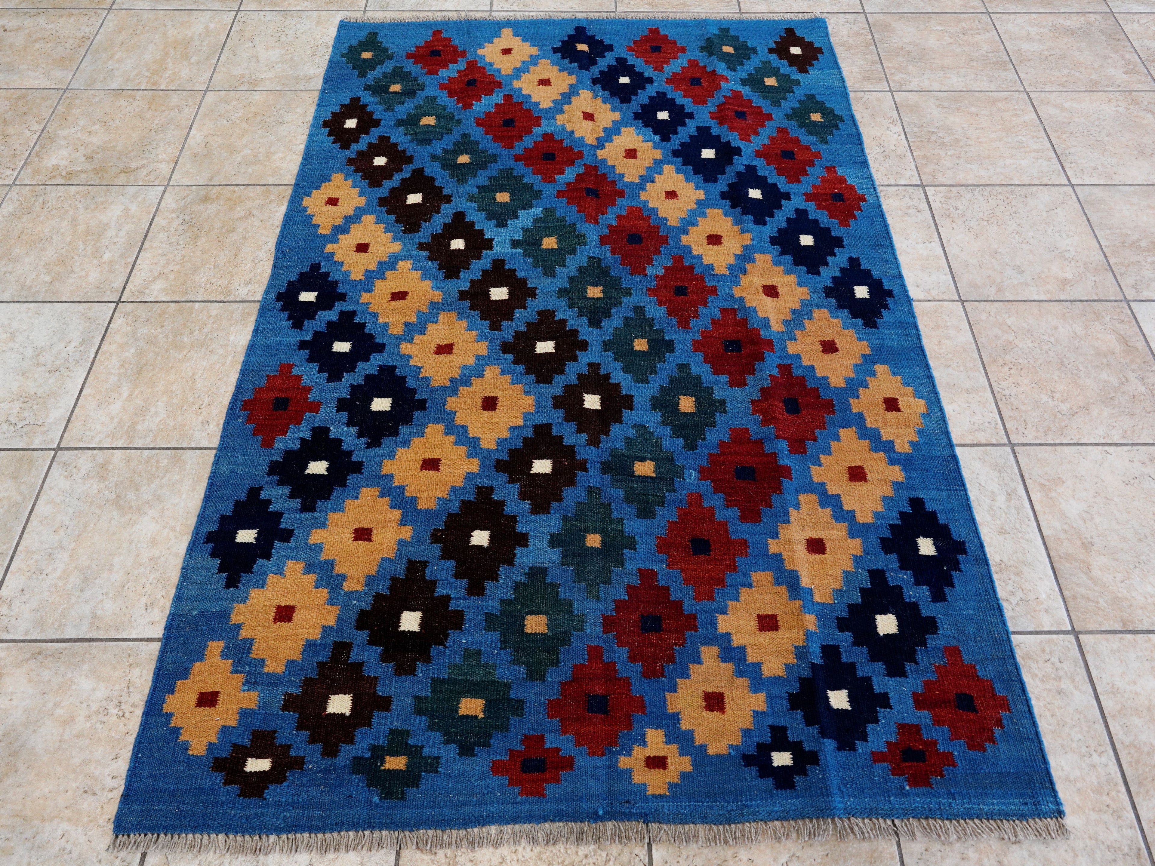 4x6 Ft Blue Kilim Rug - Tribal Flat Weave - Scandinavian Design