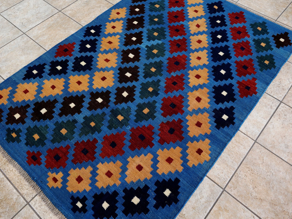4x6 Ft Blue Kilim Rug - Tribal Flat Weave - Scandinavian Design