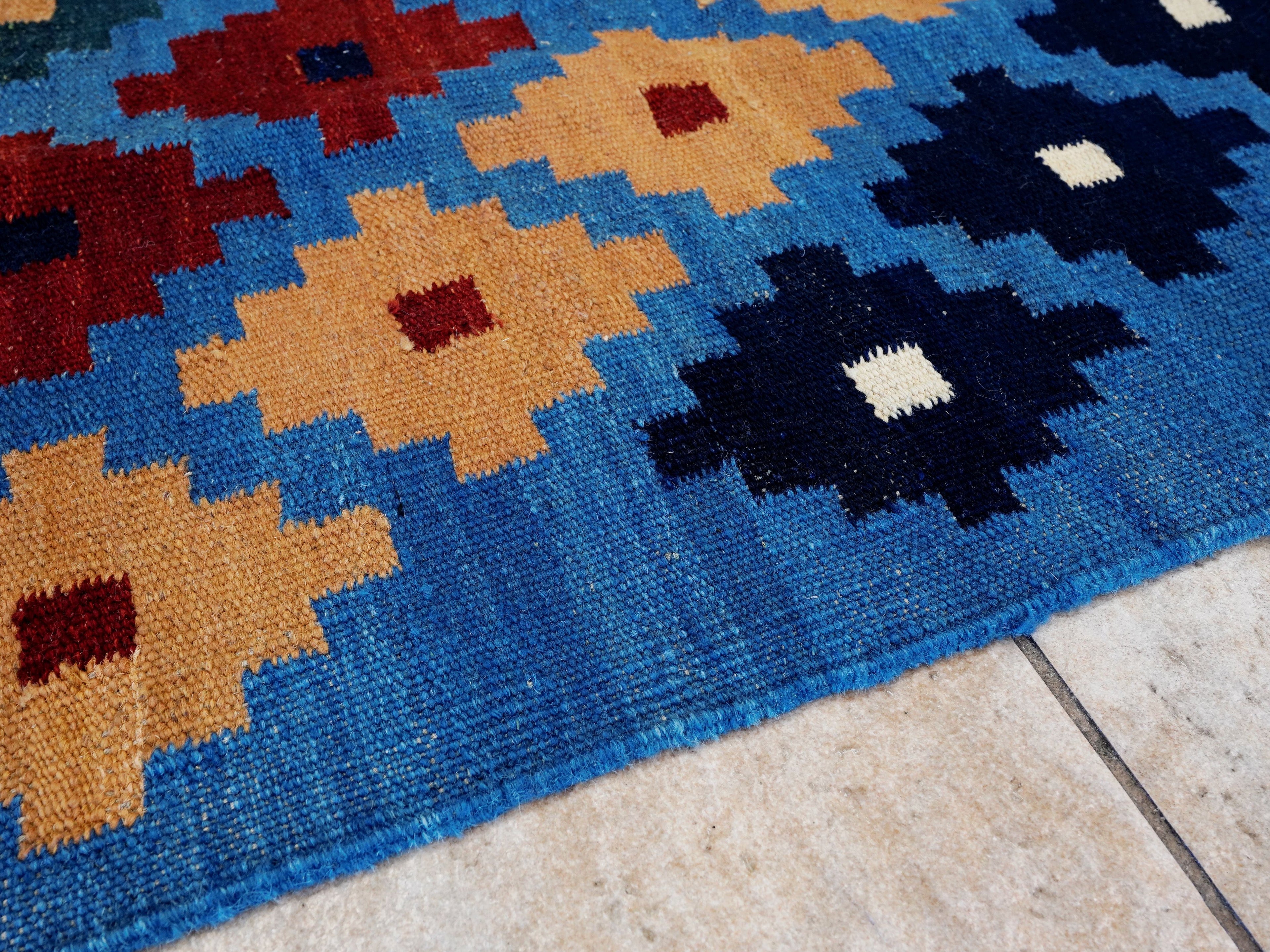 4x6 Ft Blue Kilim Rug - Tribal Flat Weave - Scandinavian Design