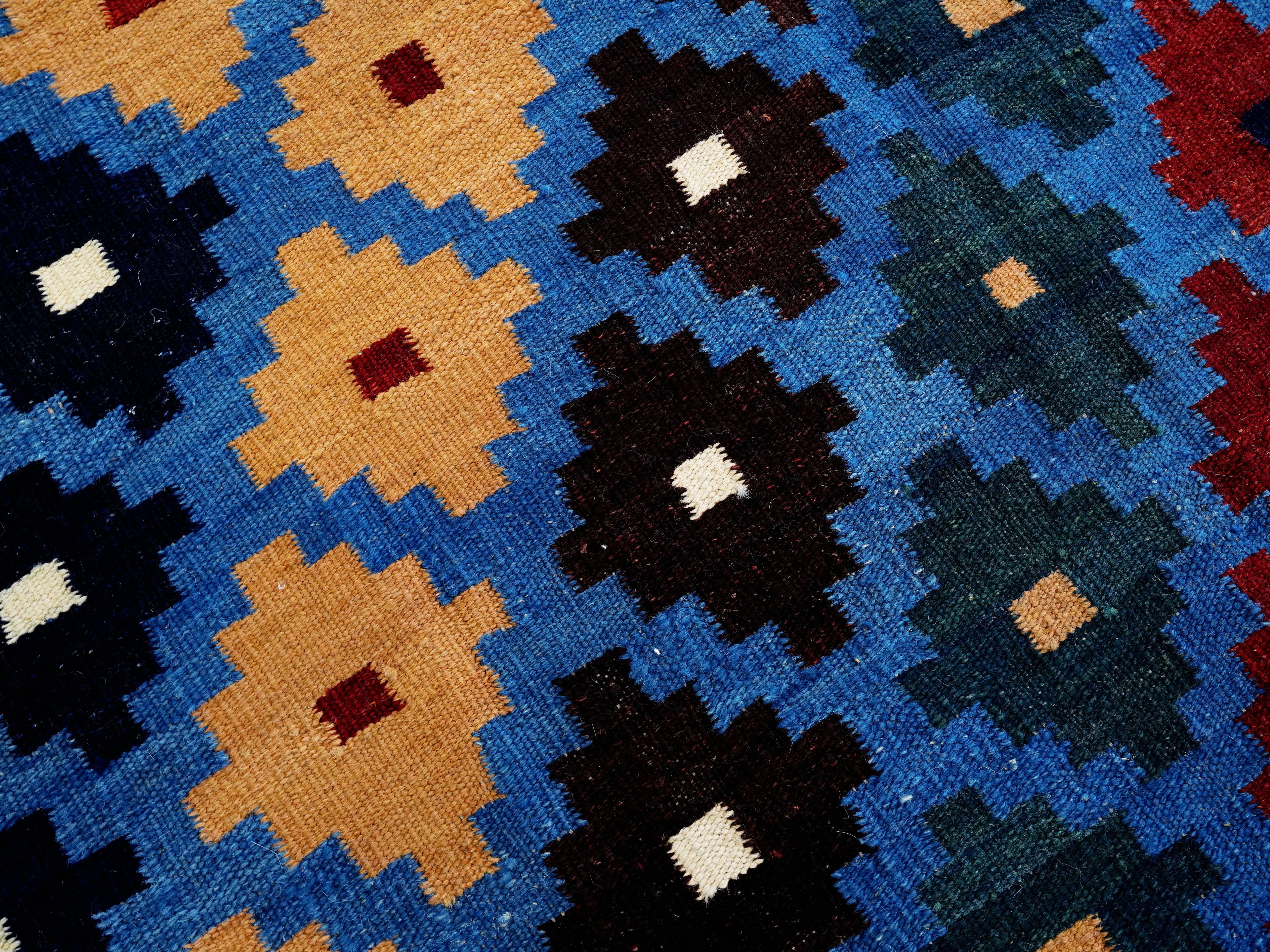 4x6 Ft Blue Kilim Rug - Tribal Flat Weave - Scandinavian Design