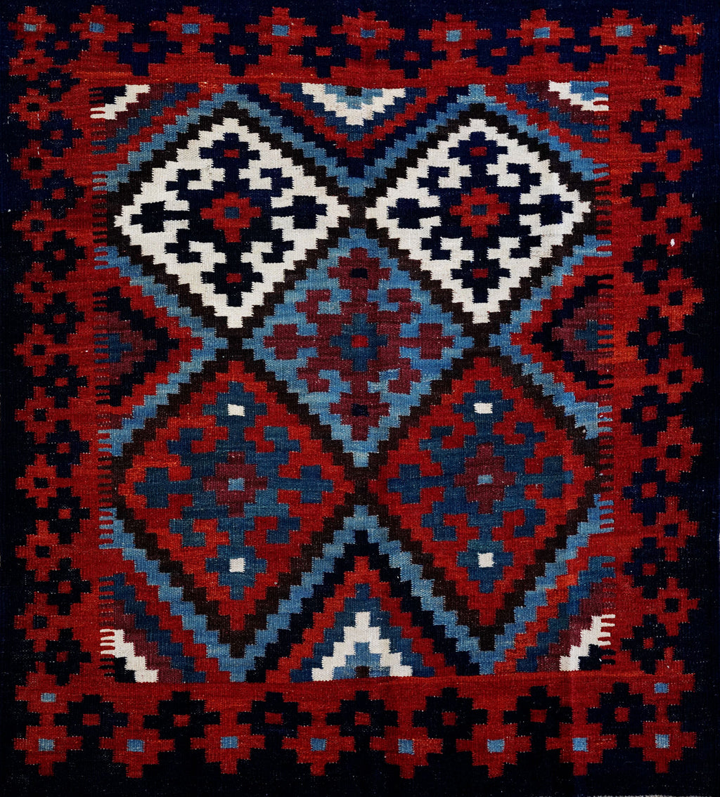 4x4 Ft Blue Square Killim Rug - Afghan Handwoven Flatweave