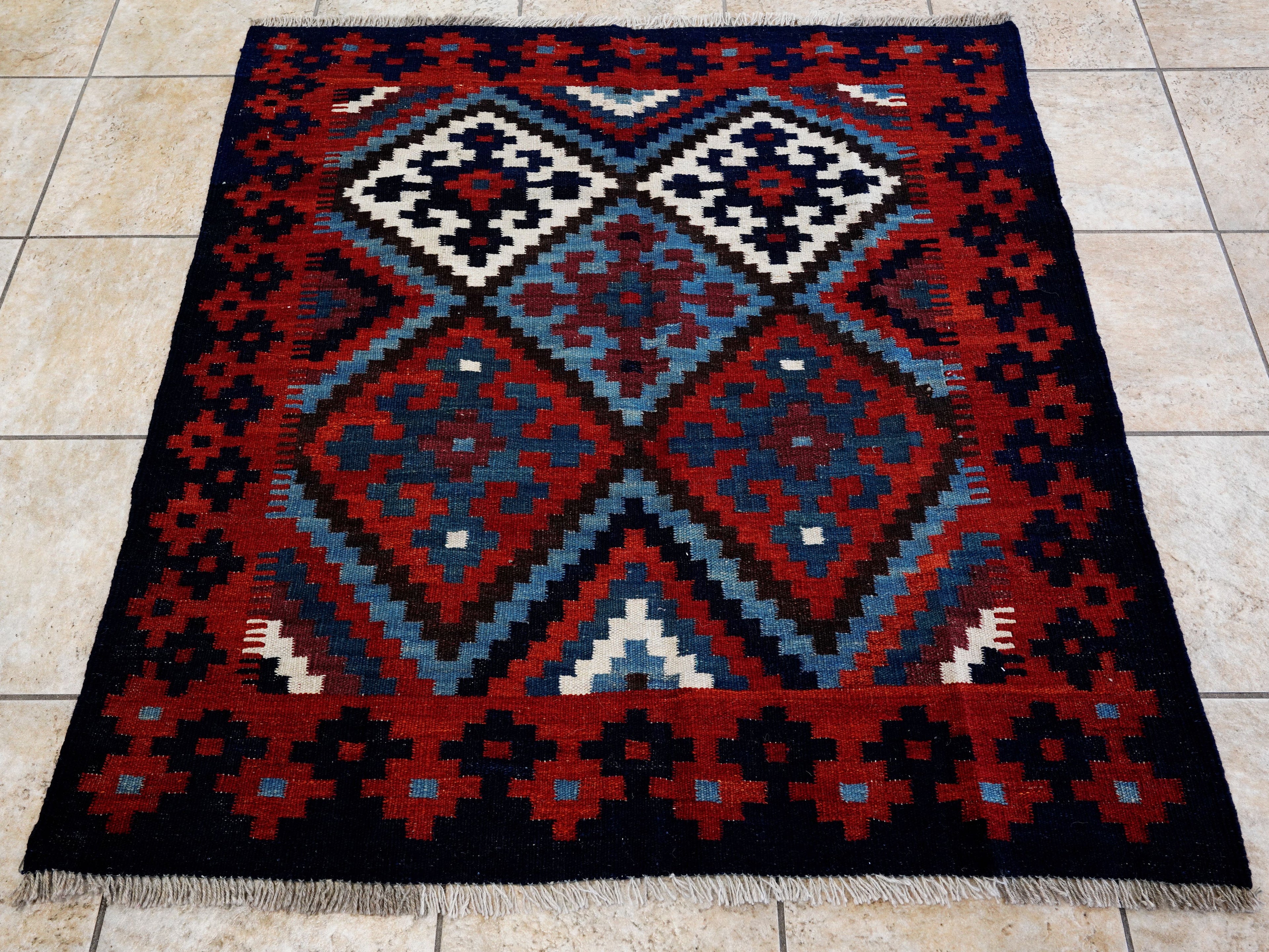 4x4 Ft Blue Square Killim Rug - Afghan Handwoven Flatweave