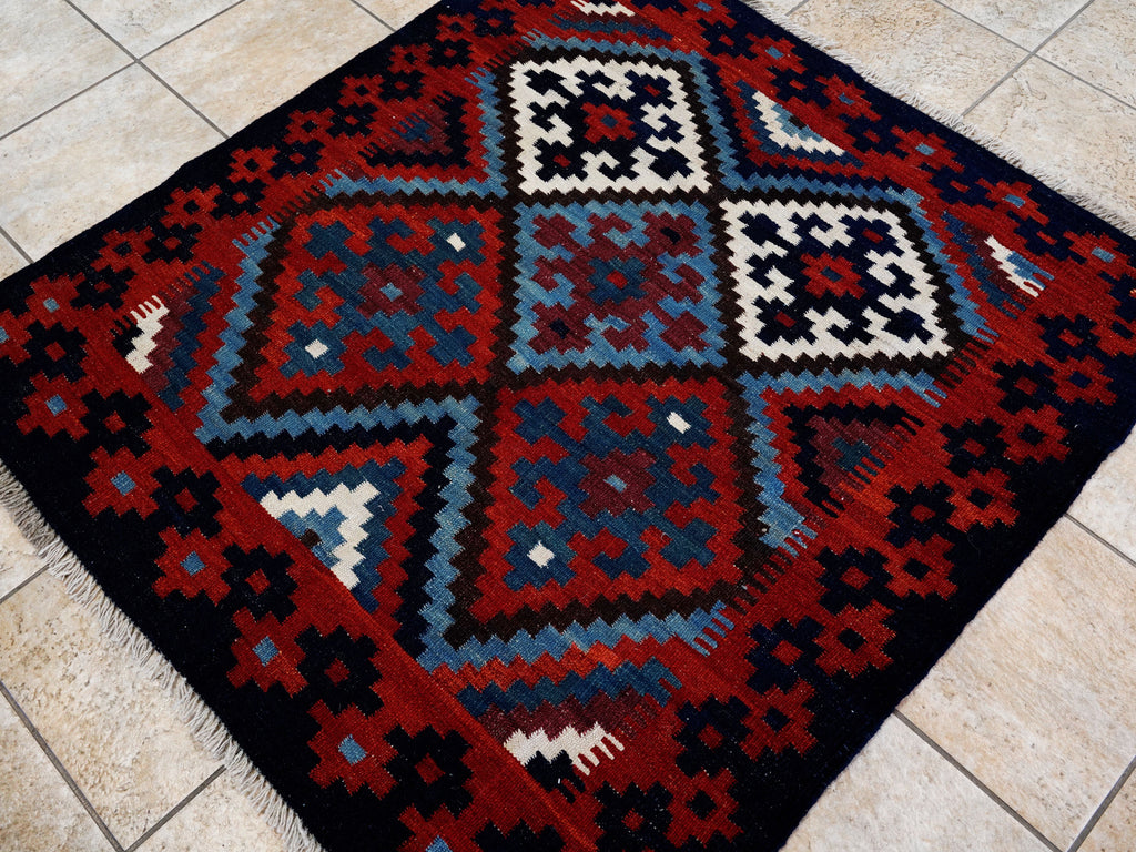 4x4 Ft Blue Square Killim Rug - Afghan Handwoven Flatweave