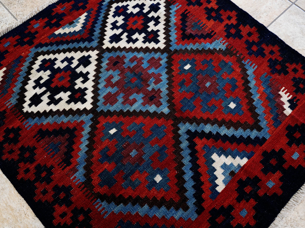 4x4 Ft Blue Square Killim Rug - Afghan Handwoven Flatweave