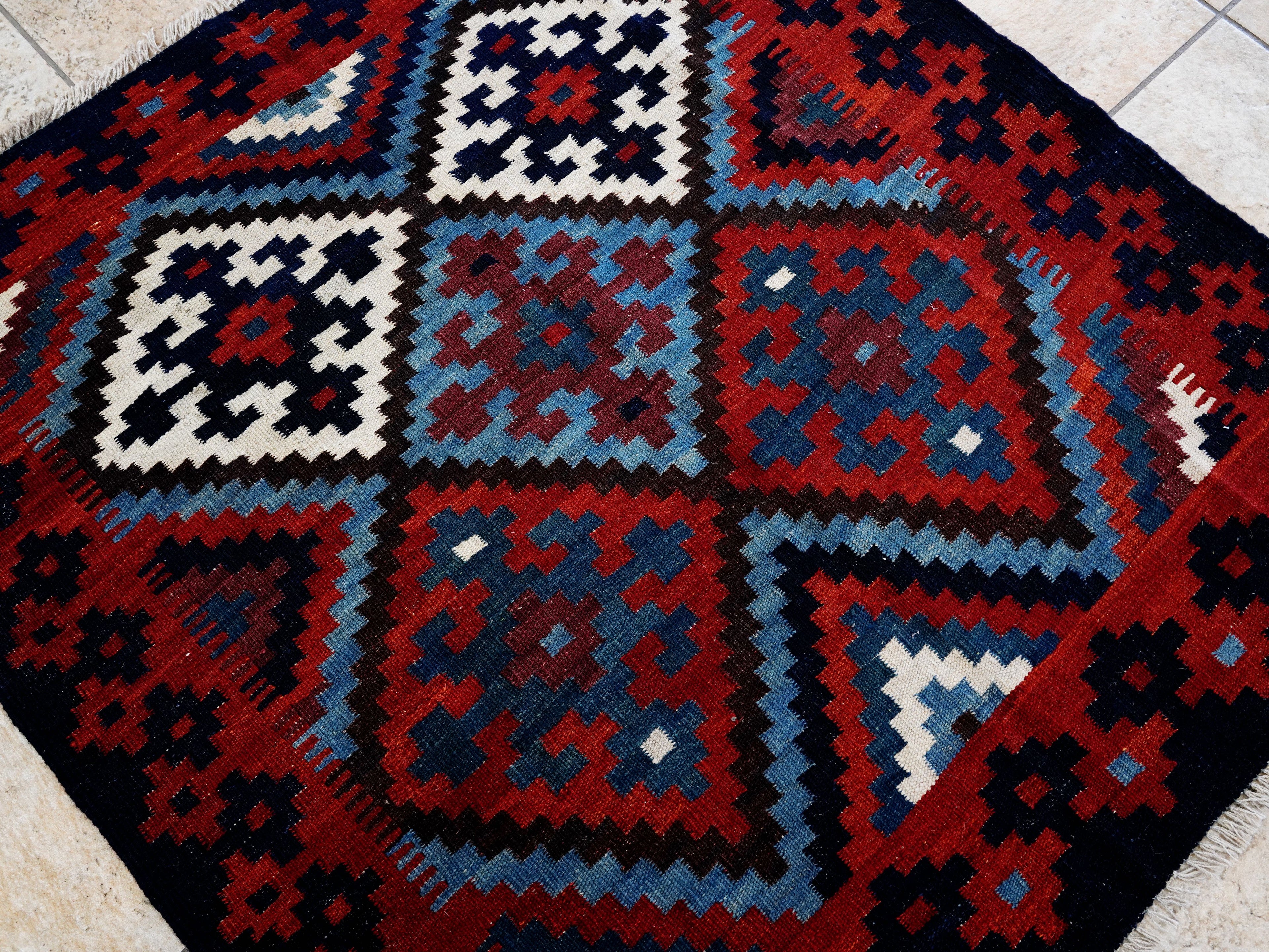 4x4 Ft Blue Square Killim Rug - Afghan Handwoven Flatweave
