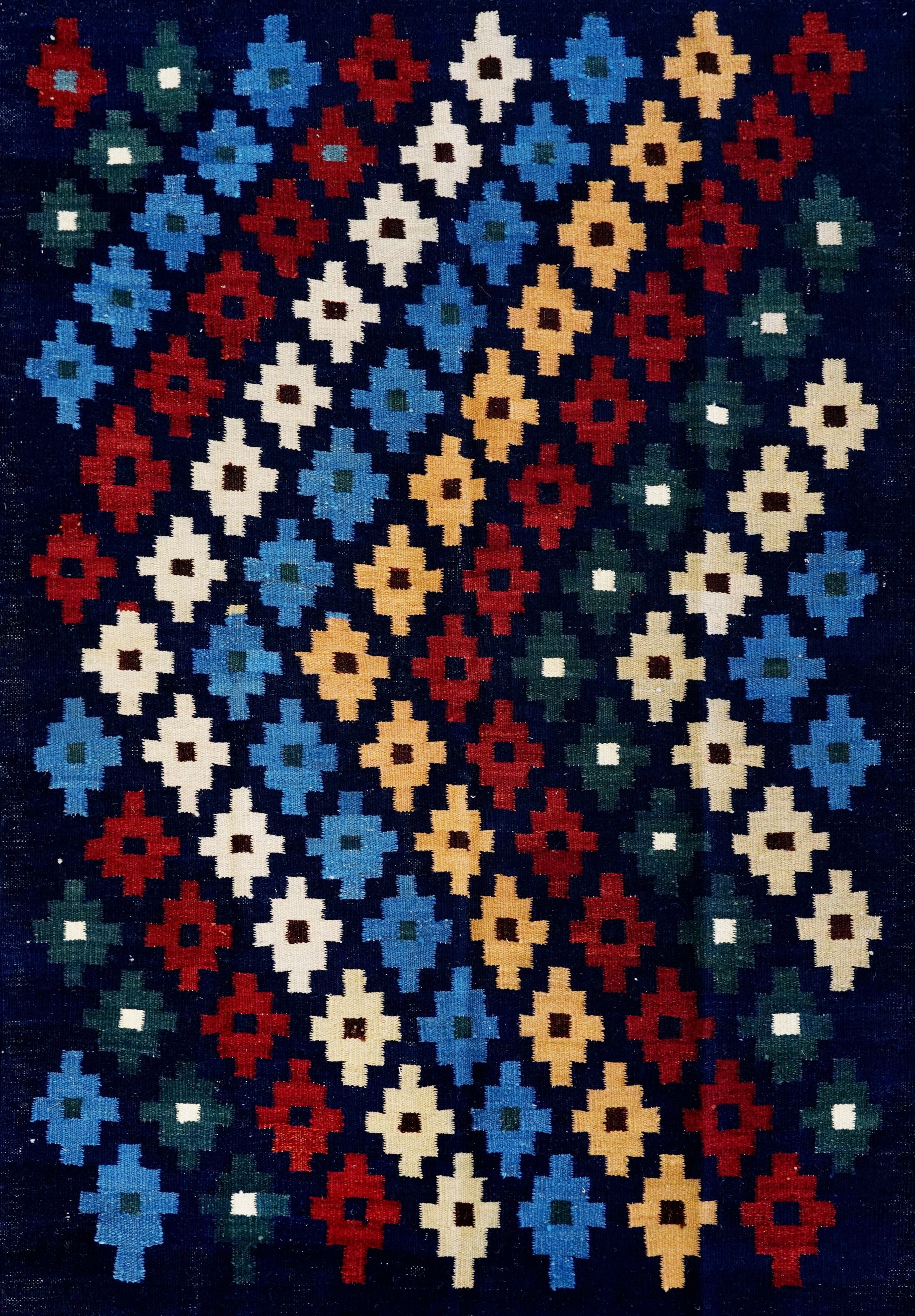 4x6 Ft Navy Blue Kilim Rug - Tribal Flat Weave - Scandinavian Design