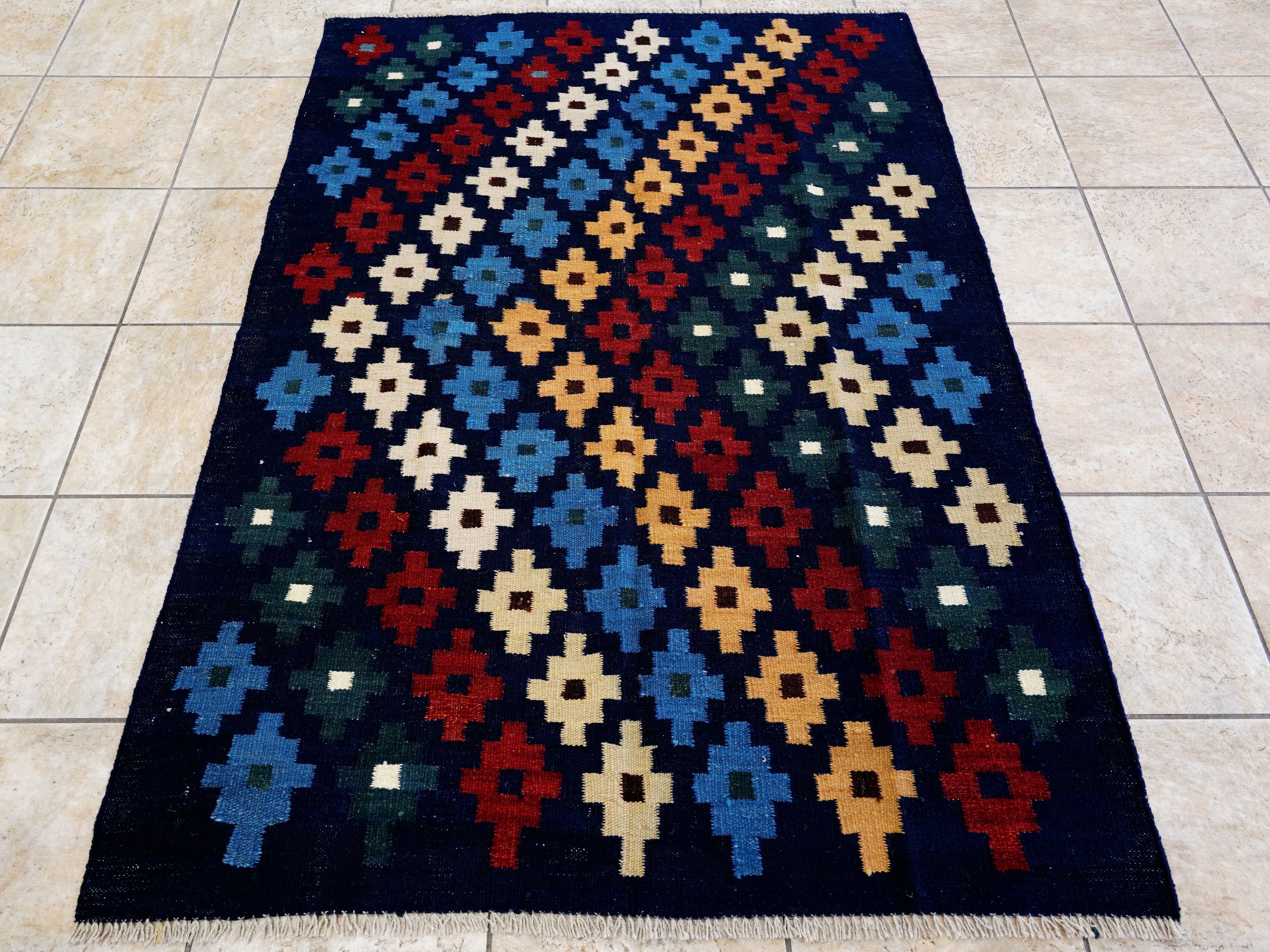 4x6 Ft Navy Blue Kilim Rug - Tribal Flat Weave - Scandinavian Design