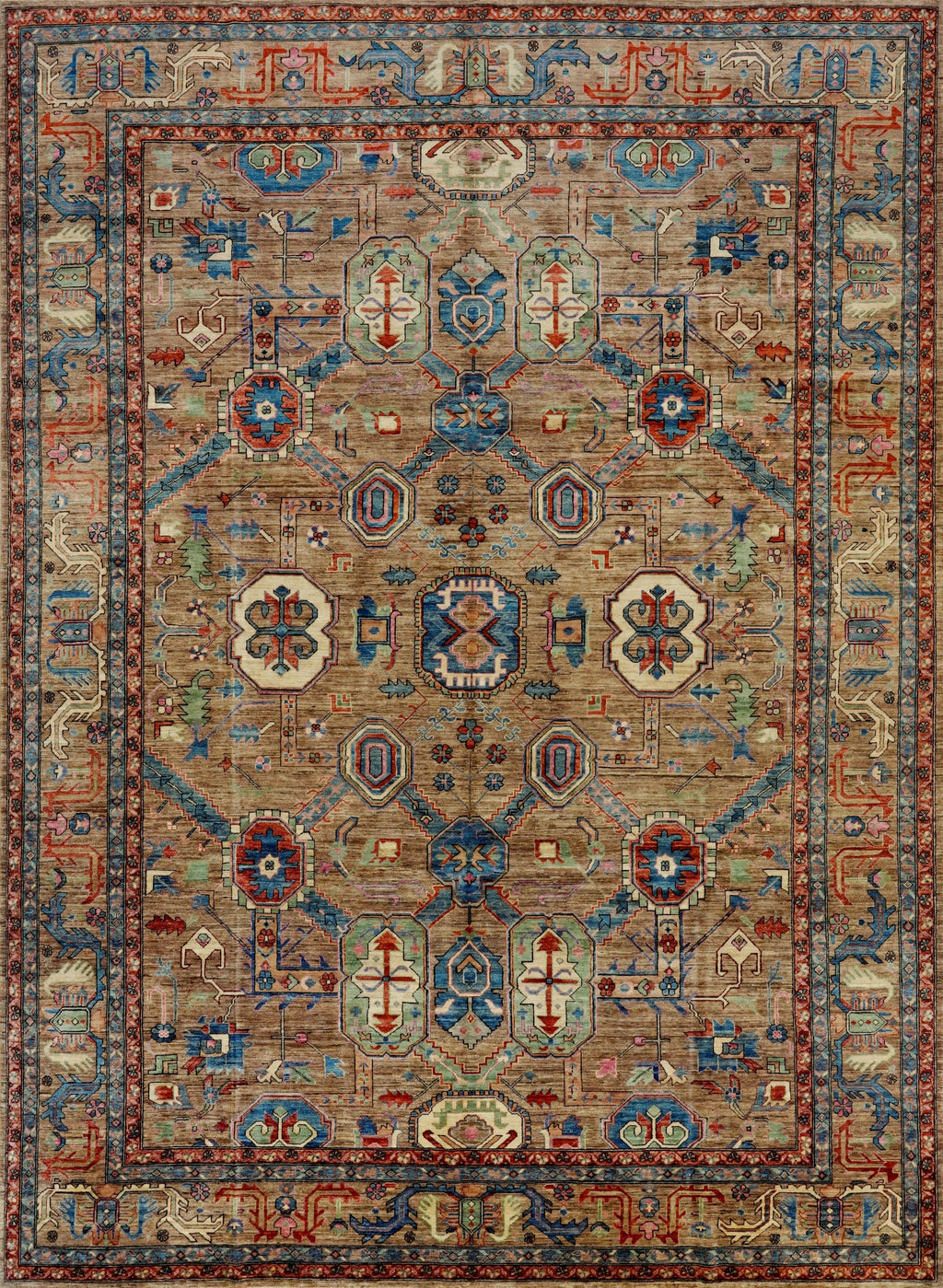 10x14 Ft Brown Oriental Rug - Hand Knotted Afghan Wool Rug