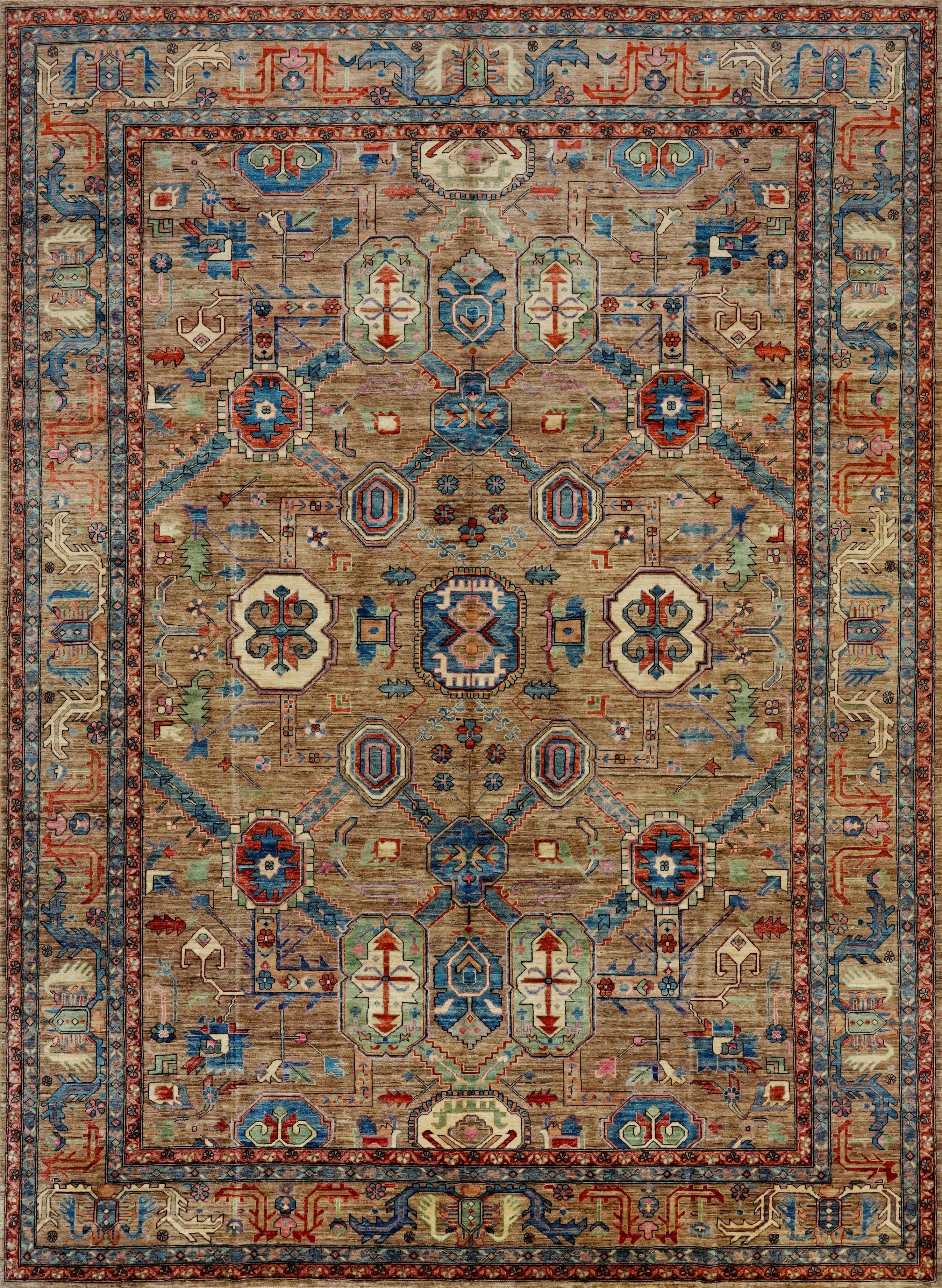 10x14 Ft Brown Oriental Rug - Hand Knotted Afghan Wool Rug