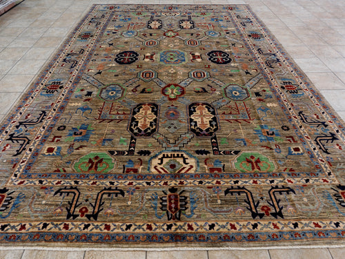 10x14 Ft Brown Oriental Area Rug - Hand Knotted Afghan Rug