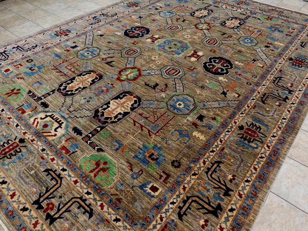 10x14 Ft Brown Oriental Area Rug - Hand Knotted Afghan Rug