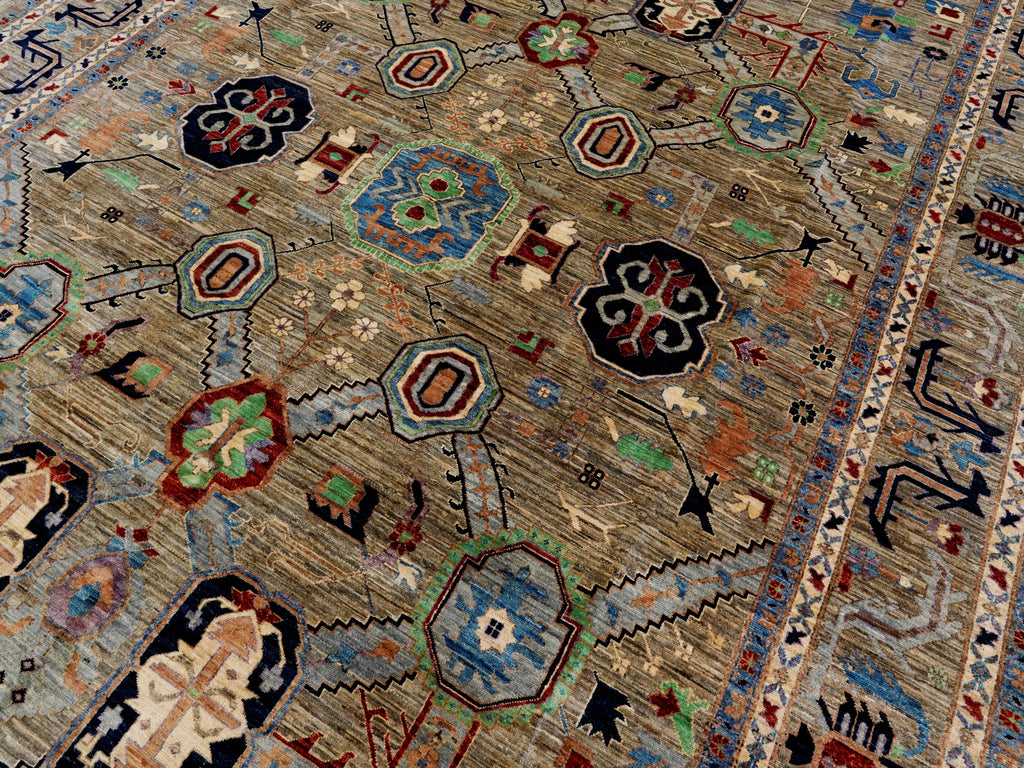 10x14 Ft Brown Oriental Area Rug - Hand Knotted Afghan Rug