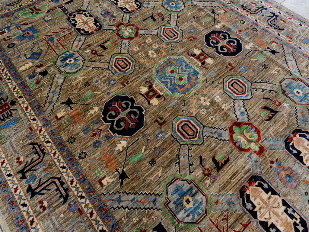 10x14 Ft Brown Oriental Area Rug - Hand Knotted Afghan Rug