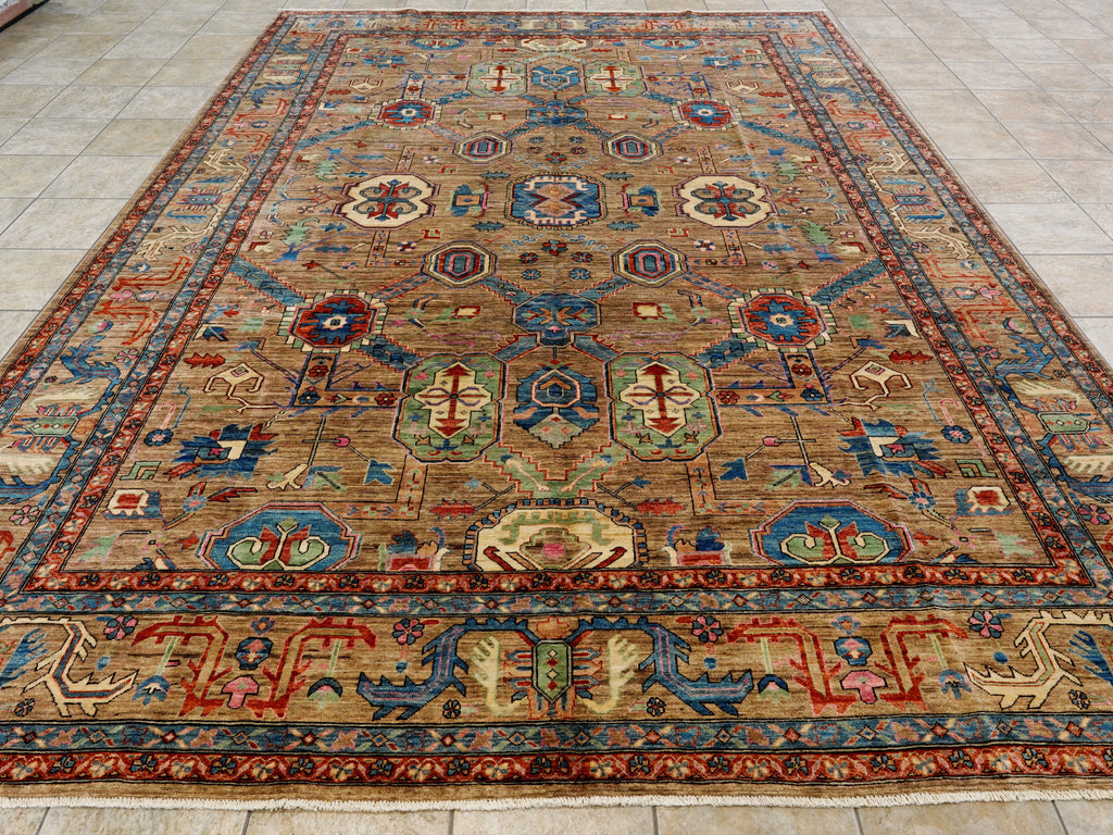 10x14 Ft Brown Oriental Rug - Hand Knotted Afghan Wool Rug