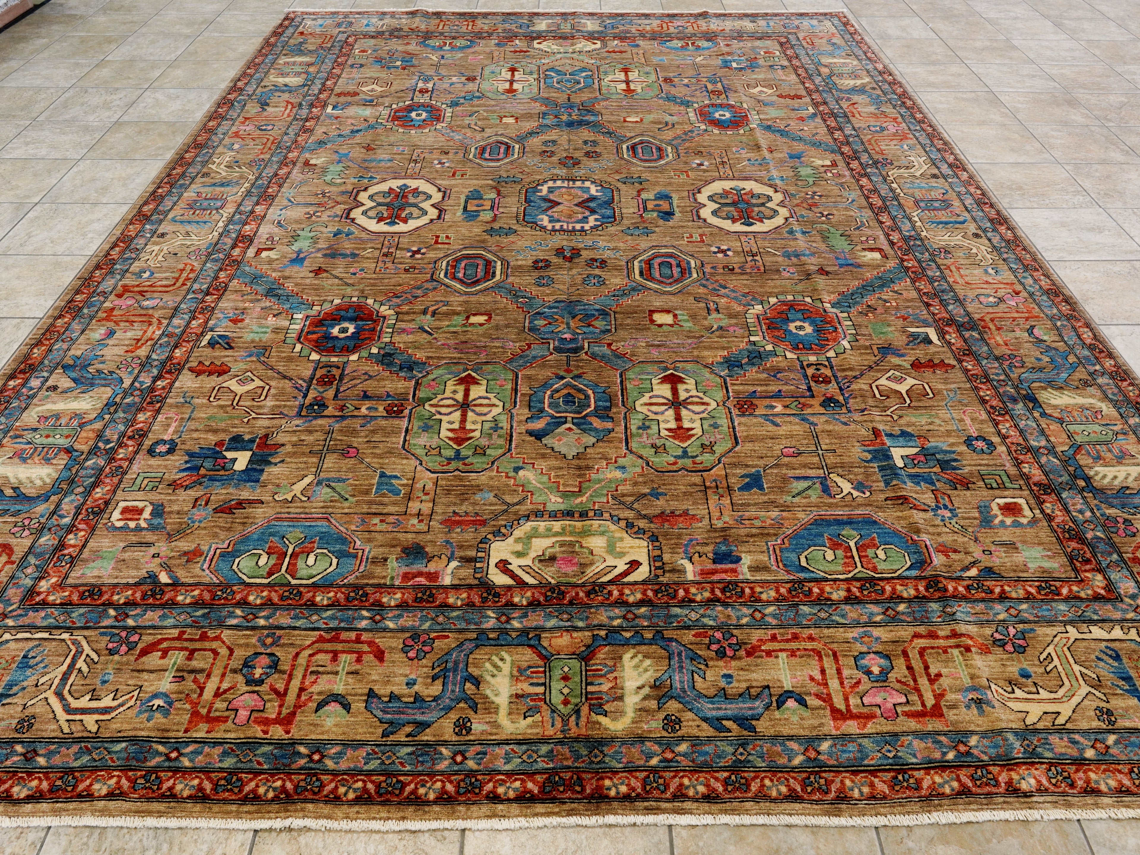 10x14 Ft Brown Oriental Rug - Hand Knotted Afghan Wool Rug