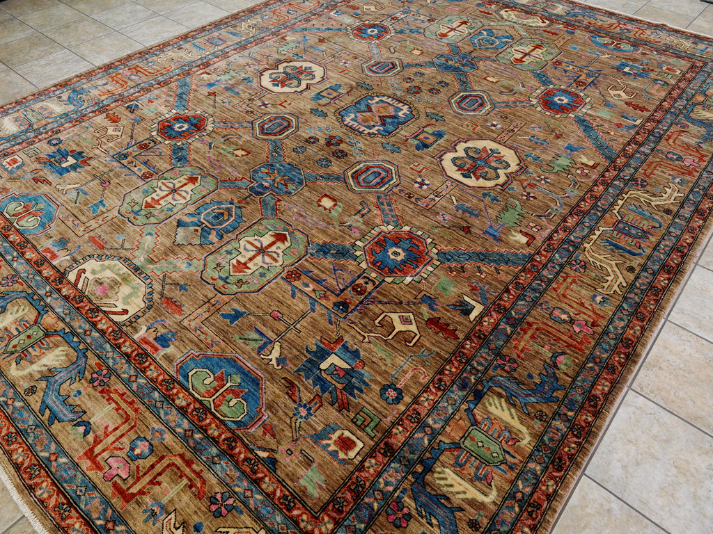 10x14 Ft Brown Oriental Rug - Hand Knotted Afghan Wool Rug
