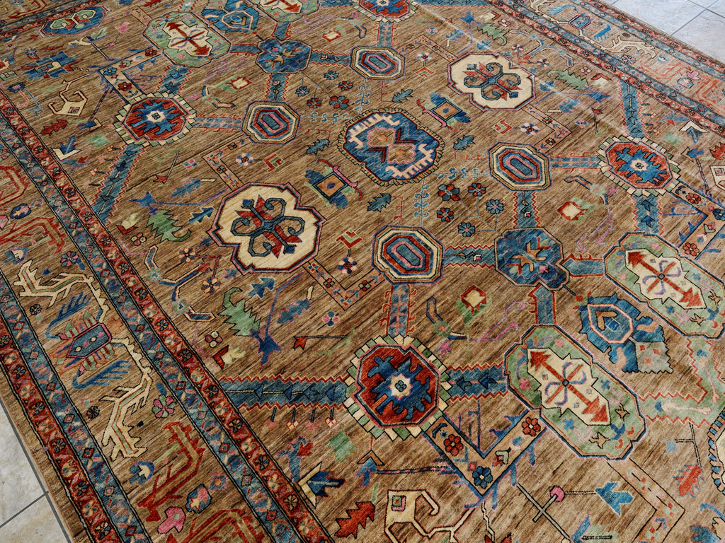 10x14 Ft Brown Oriental Rug - Hand Knotted Afghan Wool Rug