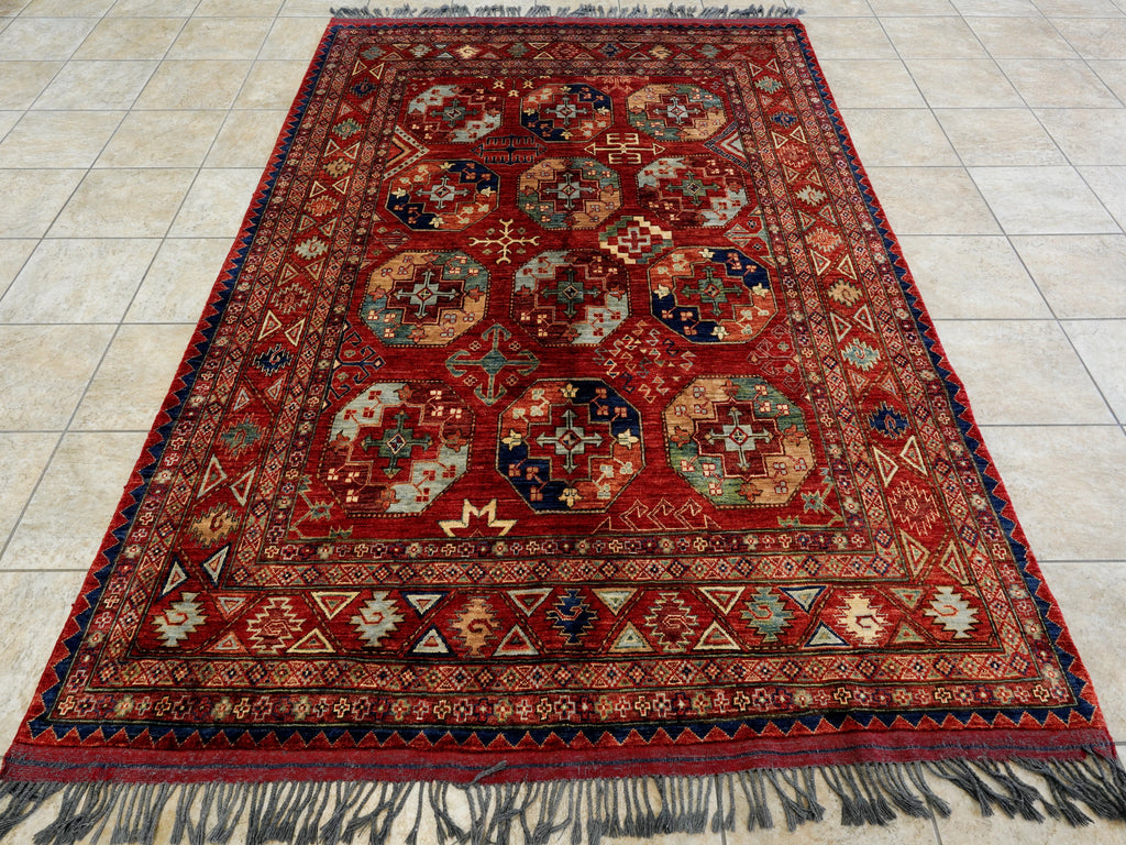 6x9 Ft Red Ersari Rug - Hand Knotted Afghan Rug