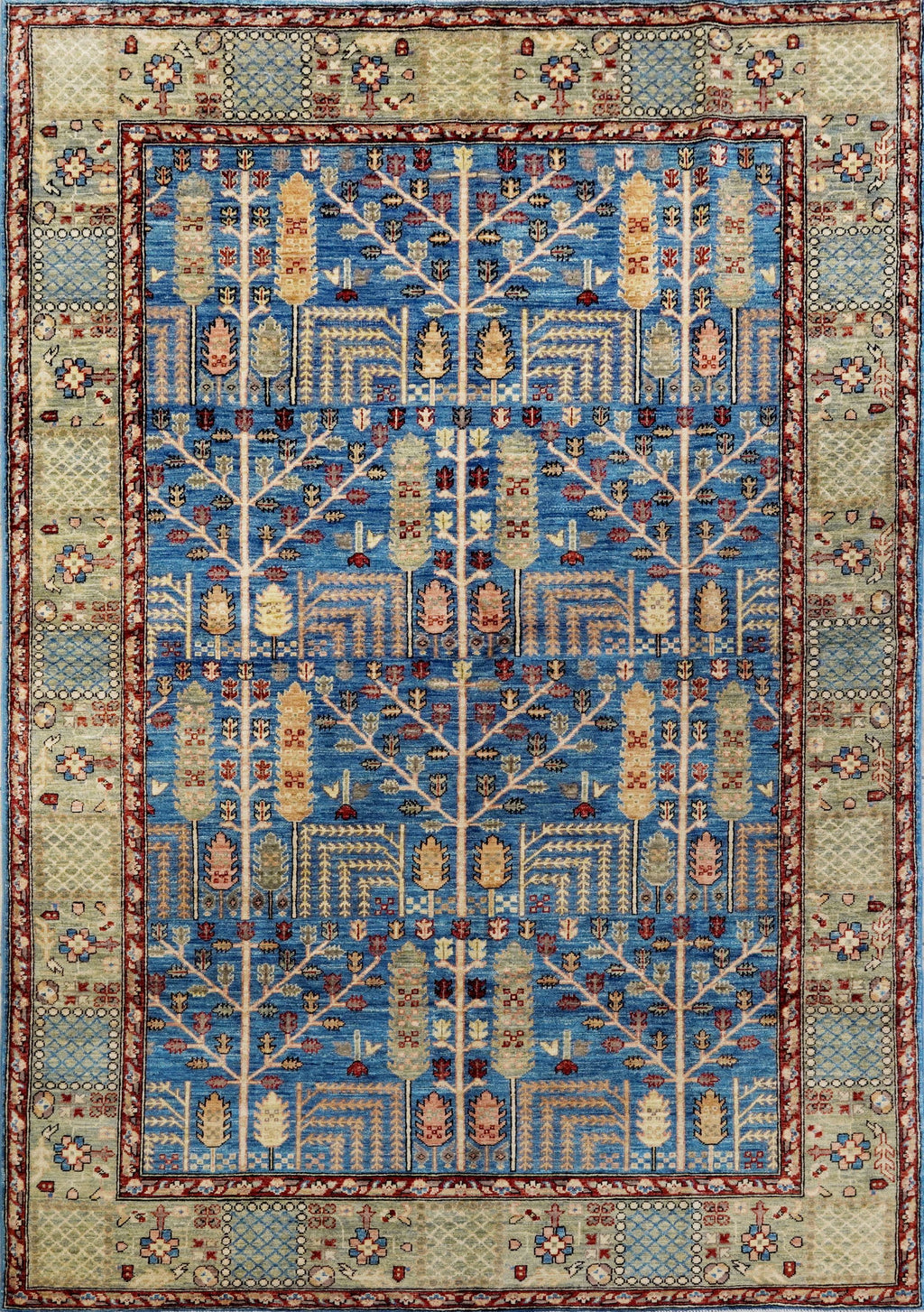 6x9 Ft Blue Afghan Rug - Hand Knotted Oriental Area Rug - Floral Design