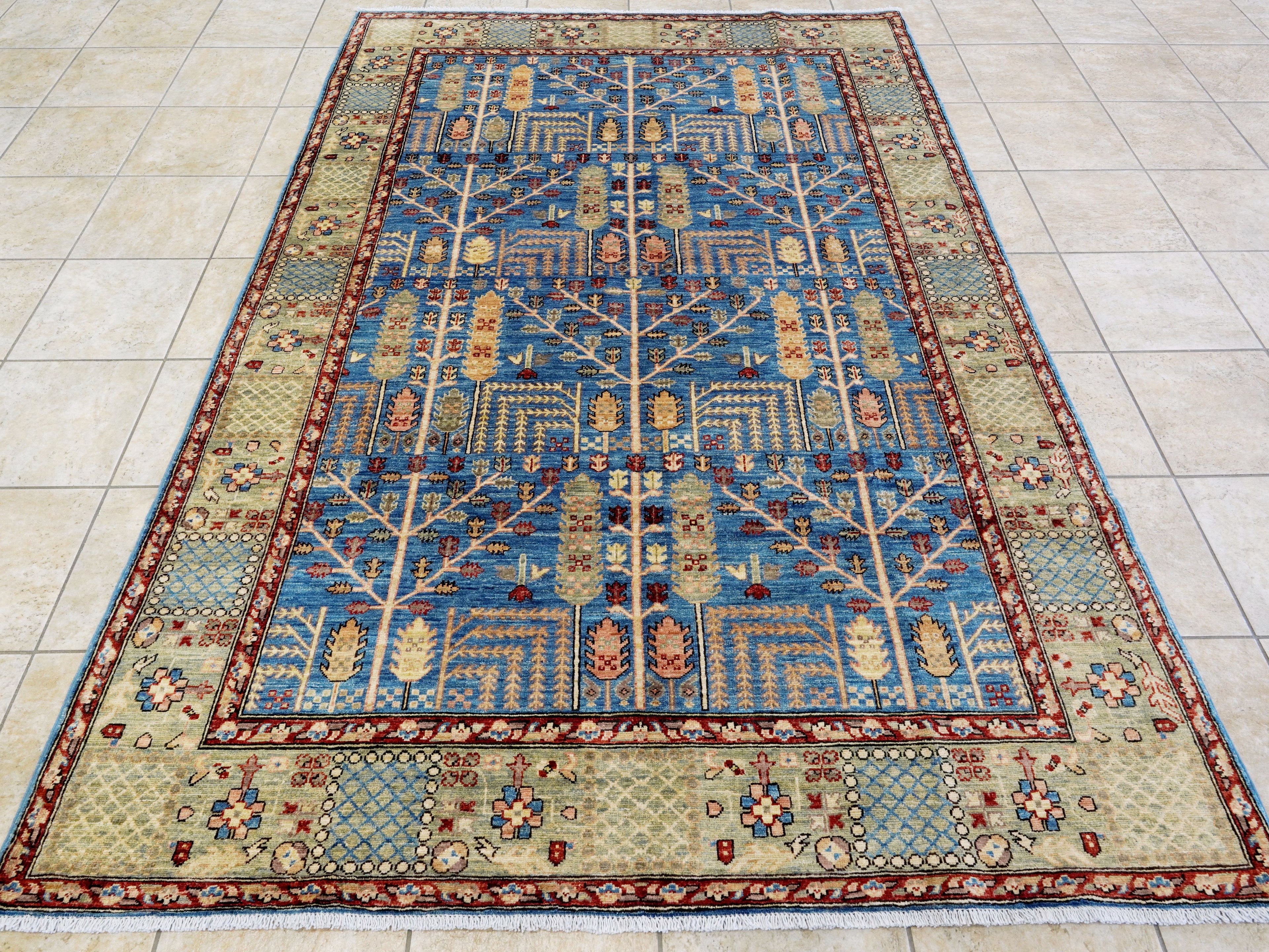 6x9 Ft Blue Afghan Rug - Hand Knotted Oriental Area Rug - Floral Design