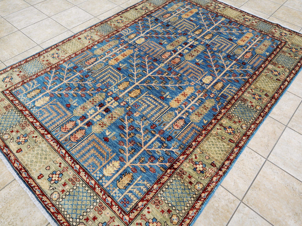 6x9 Ft Blue Afghan Rug - Hand Knotted Oriental Area Rug - Floral Design