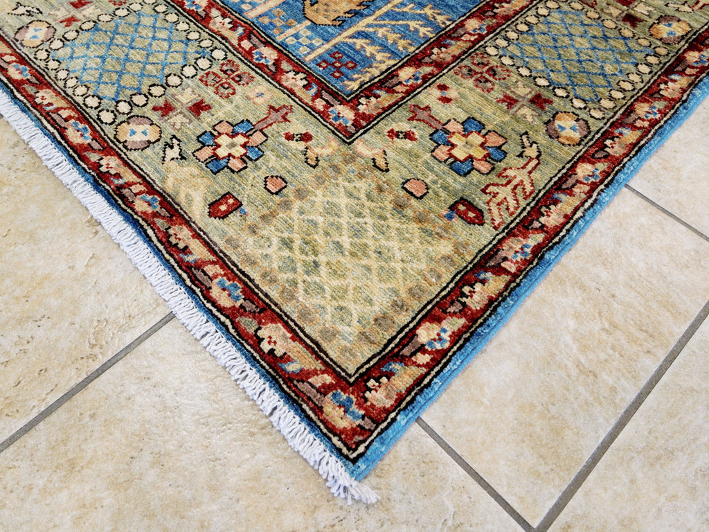 6x9 Ft Blue Afghan Rug - Hand Knotted Oriental Area Rug - Floral Design
