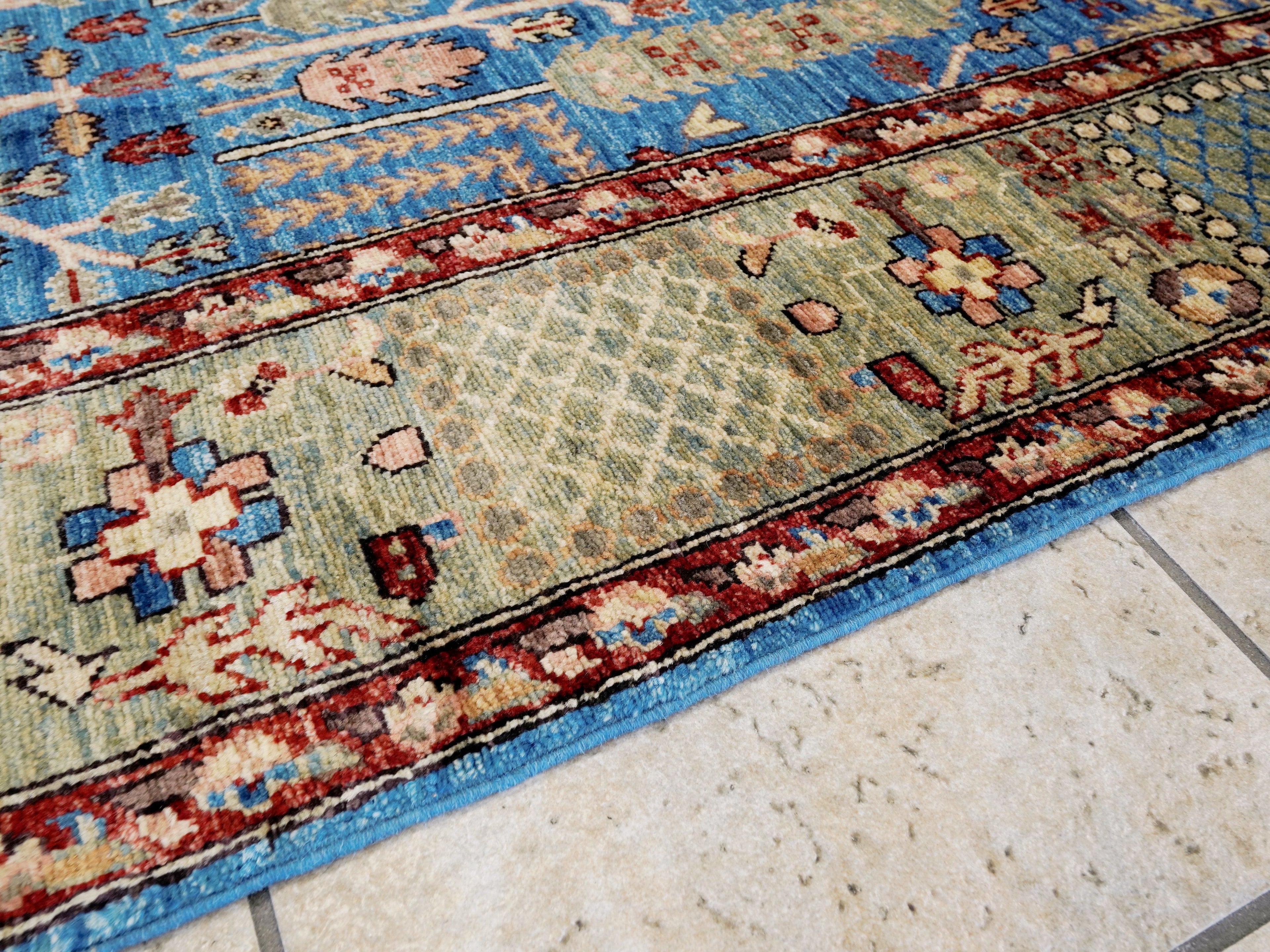 6x9 Ft Blue Afghan Rug - Hand Knotted Oriental Area Rug - Floral Design