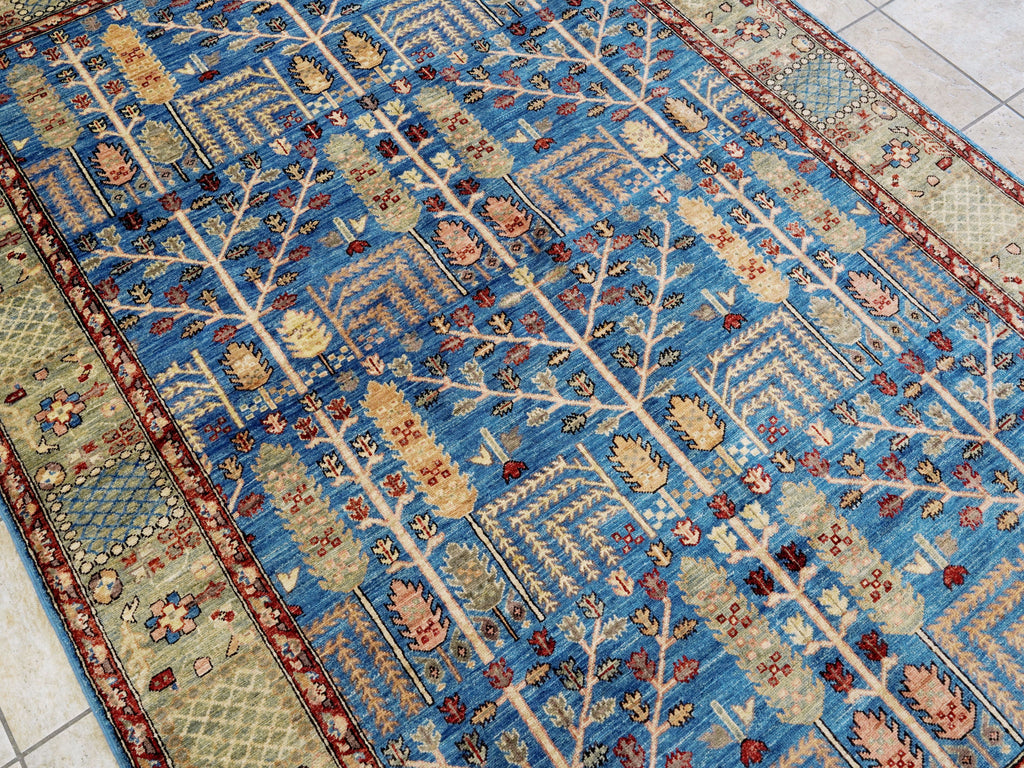 6x9 Ft Blue Afghan Rug - Hand Knotted Oriental Area Rug - Floral Design