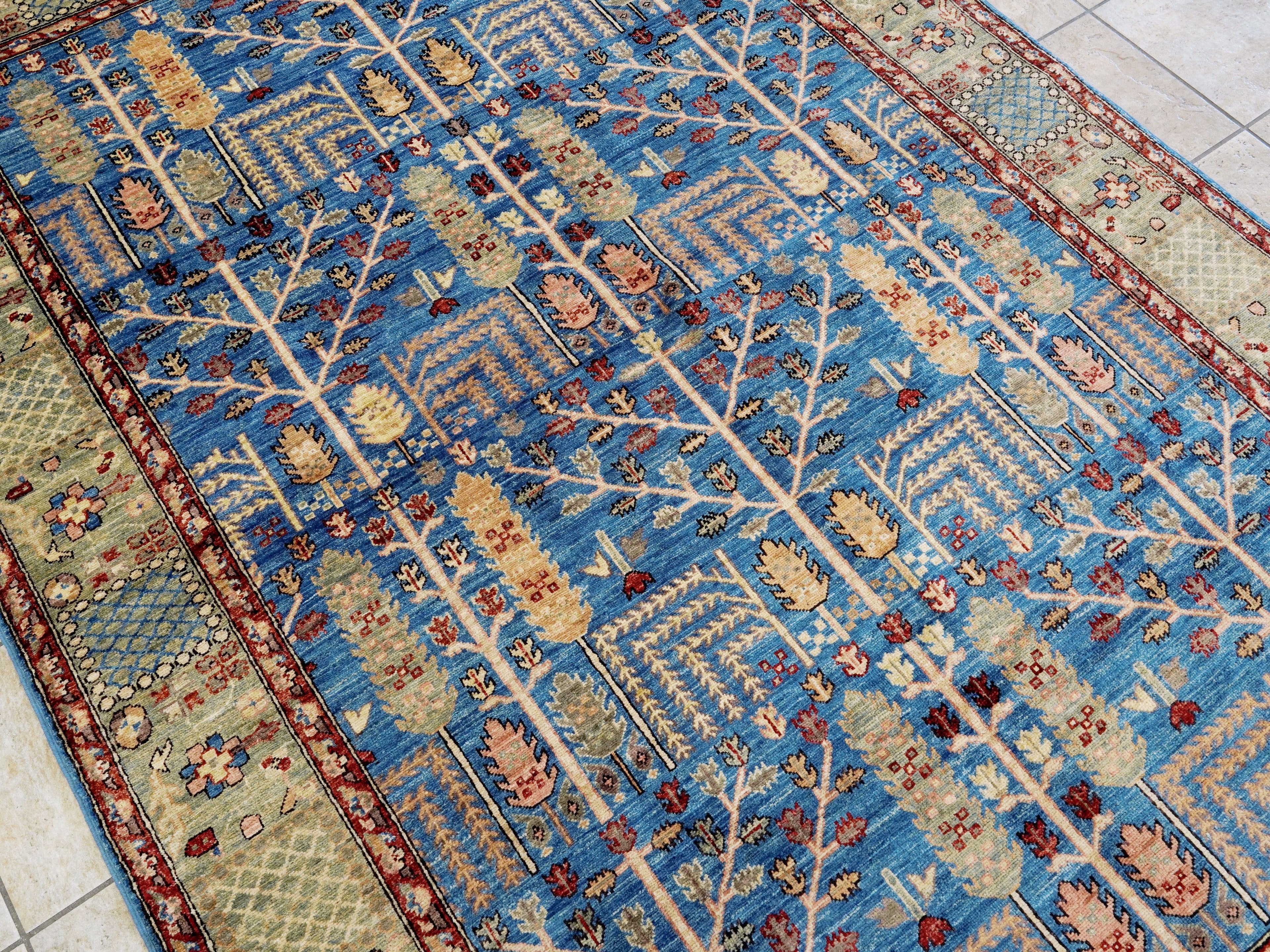 6x9 Ft Blue Afghan Rug - Hand Knotted Oriental Area Rug - Floral Design