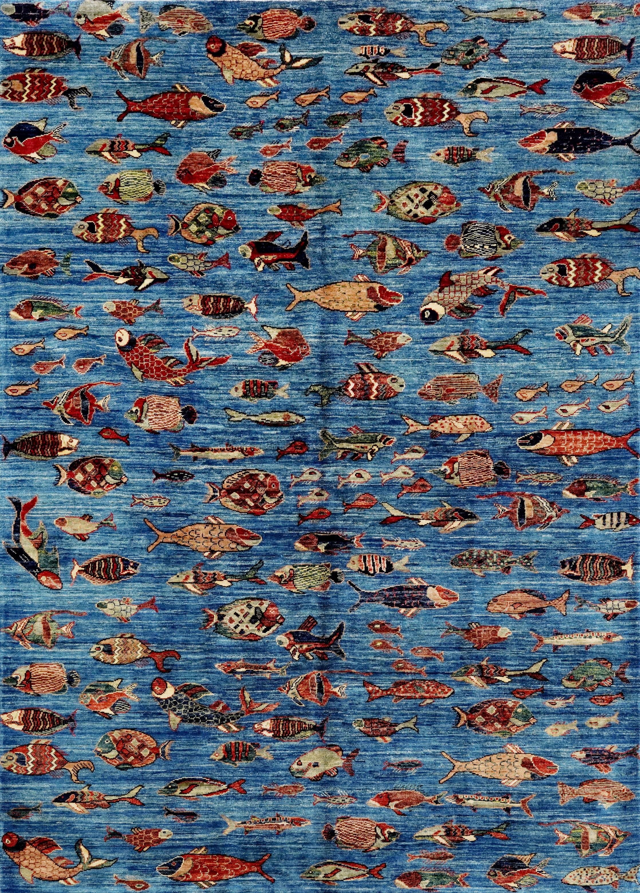 6x9 Ft Blue Fish Rug - Handmade Afghan Rug