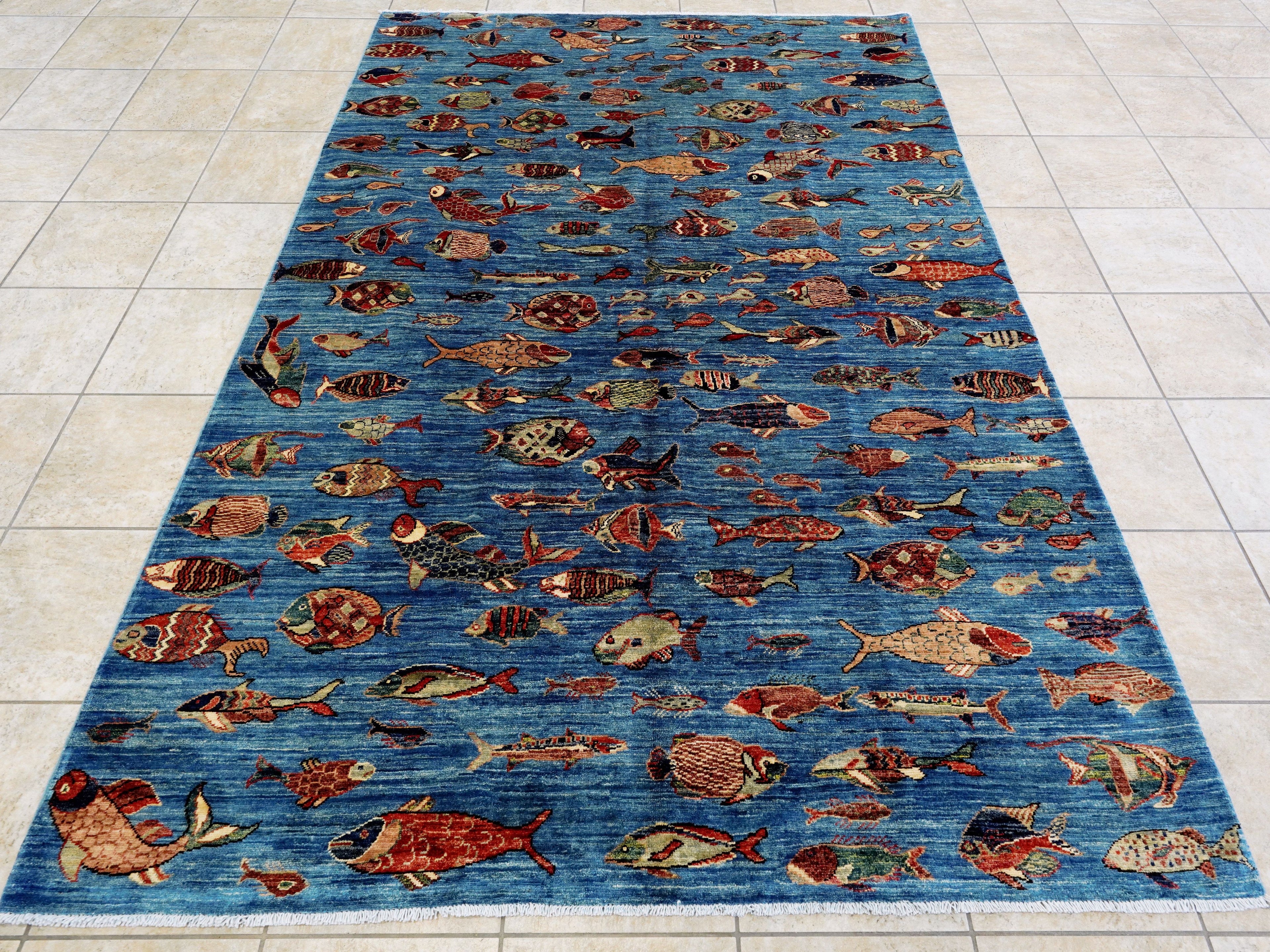 6x9 Ft Blue Fish Rug - Handmade Afghan Rug