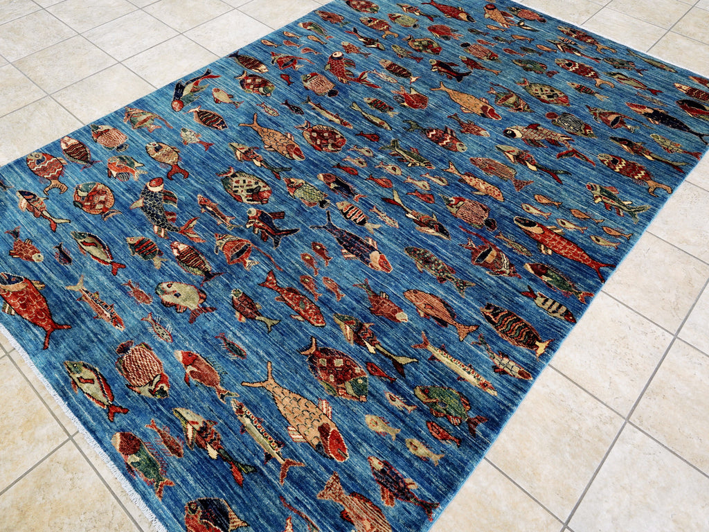 6x9 Ft Blue Fish Rug - Handmade Afghan Rug