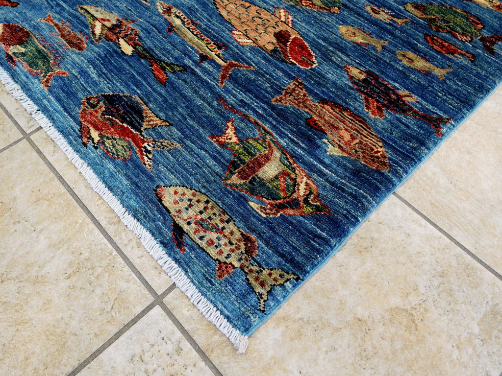 6x9 Ft Blue Fish Rug - Handmade Afghan Rug