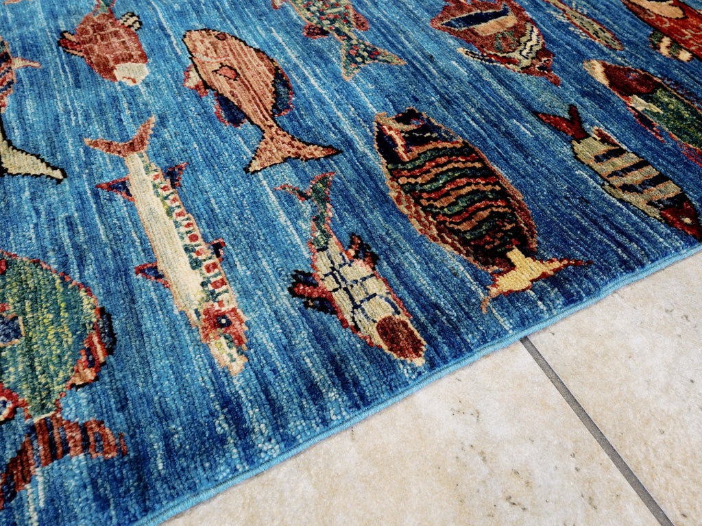 6x9 Ft Blue Fish Rug - Handmade Afghan Rug