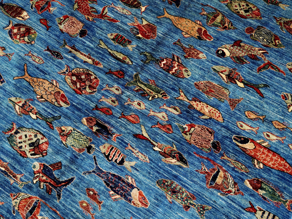 6x9 Ft Blue Fish Rug - Handmade Afghan Rug