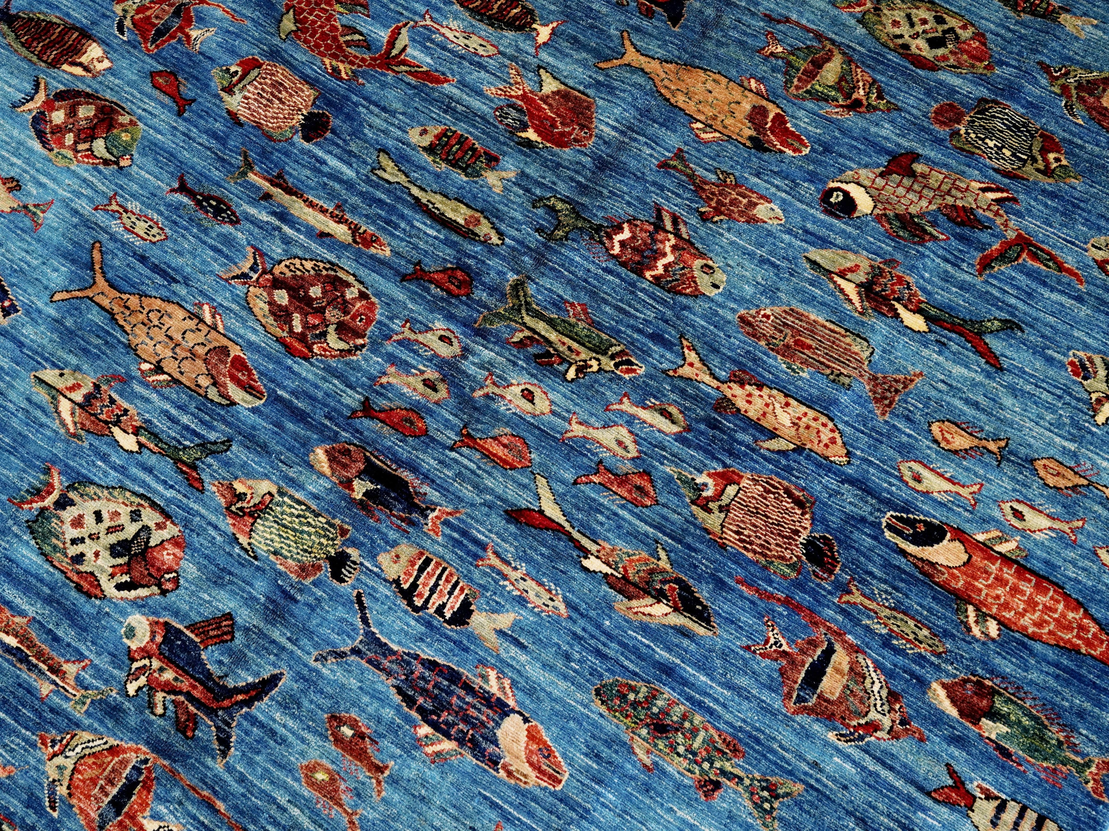 6x9 Ft Blue Fish Rug - Handmade Afghan Rug