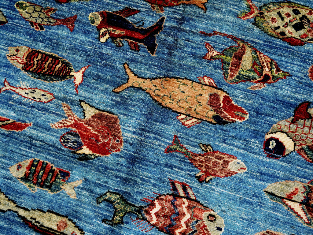 6x9 Ft Blue Fish Rug - Handmade Afghan Rug