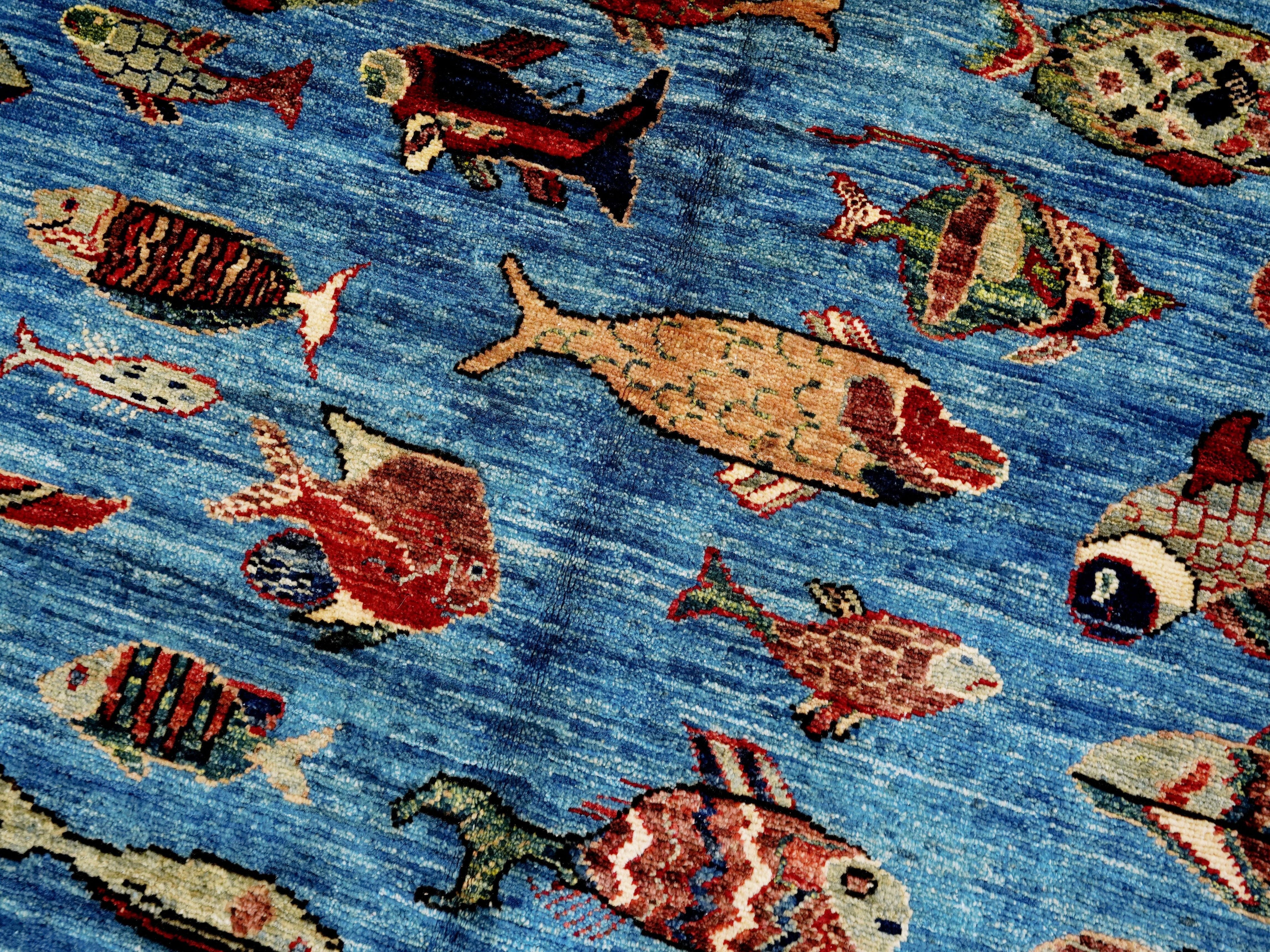 6x9 Ft Blue Fish Rug - Handmade Afghan Rug