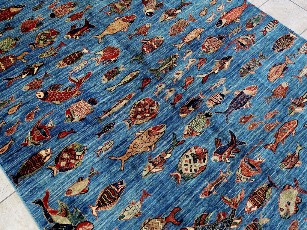 6x9 Ft Blue Fish Rug - Handmade Afghan Rug
