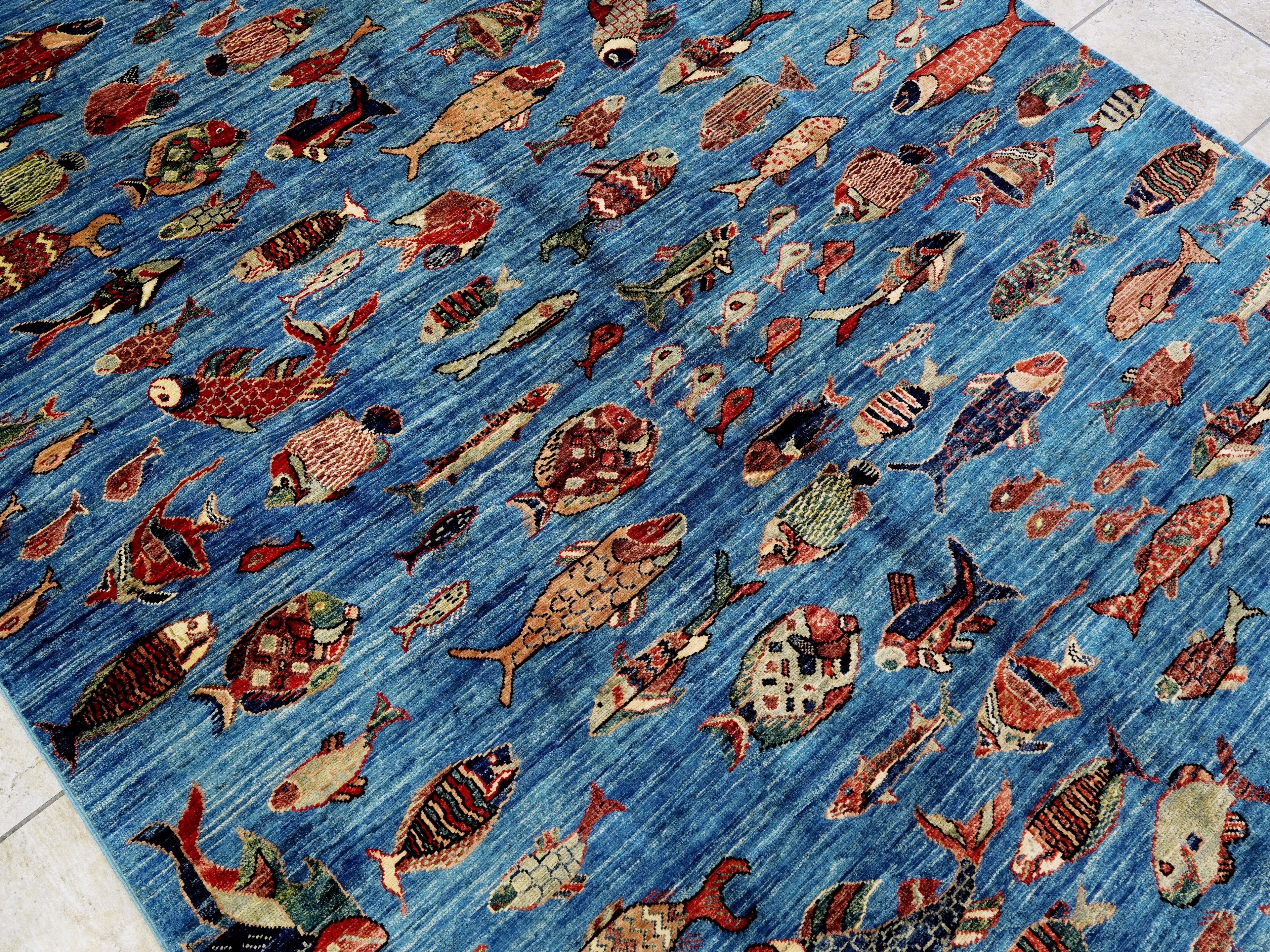 6x9 Ft Blue Fish Rug - Handmade Afghan Rug