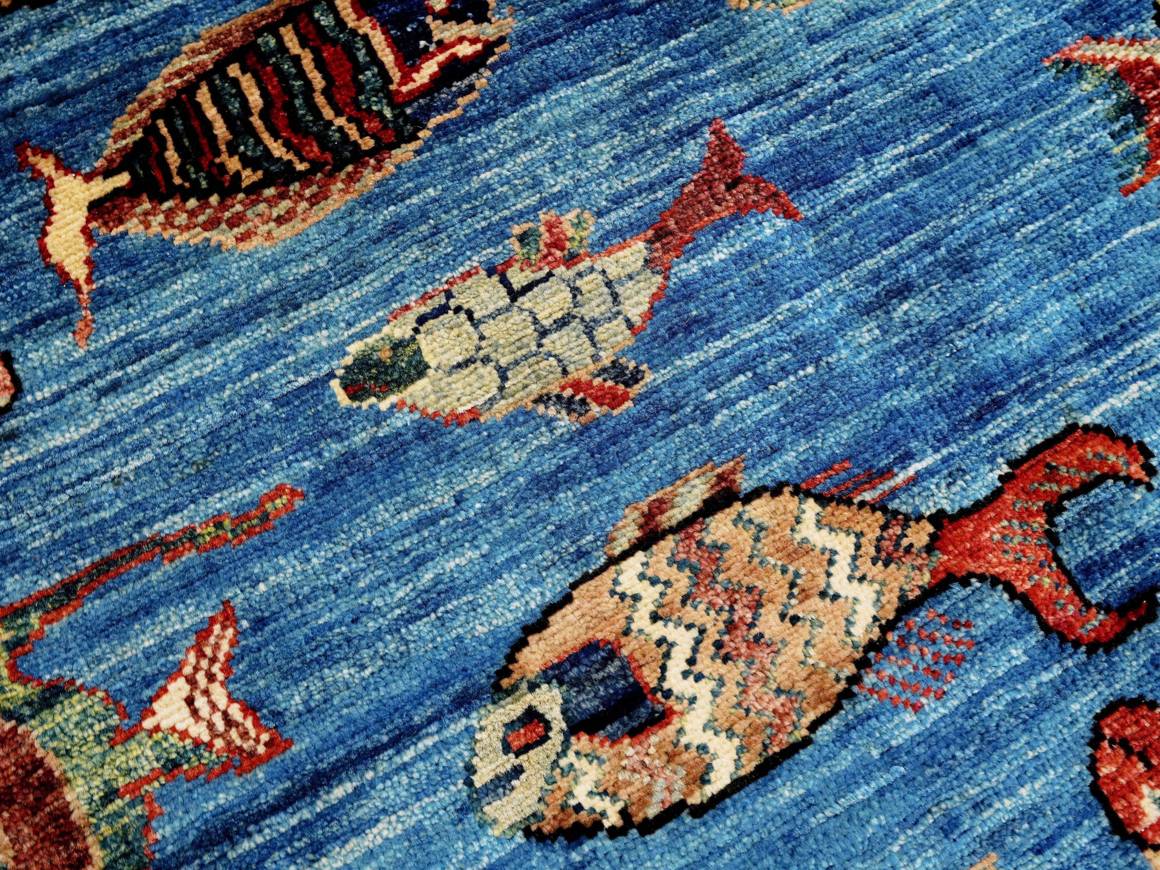 6x9 Ft Blue Fish Rug - Handmade Afghan Rug