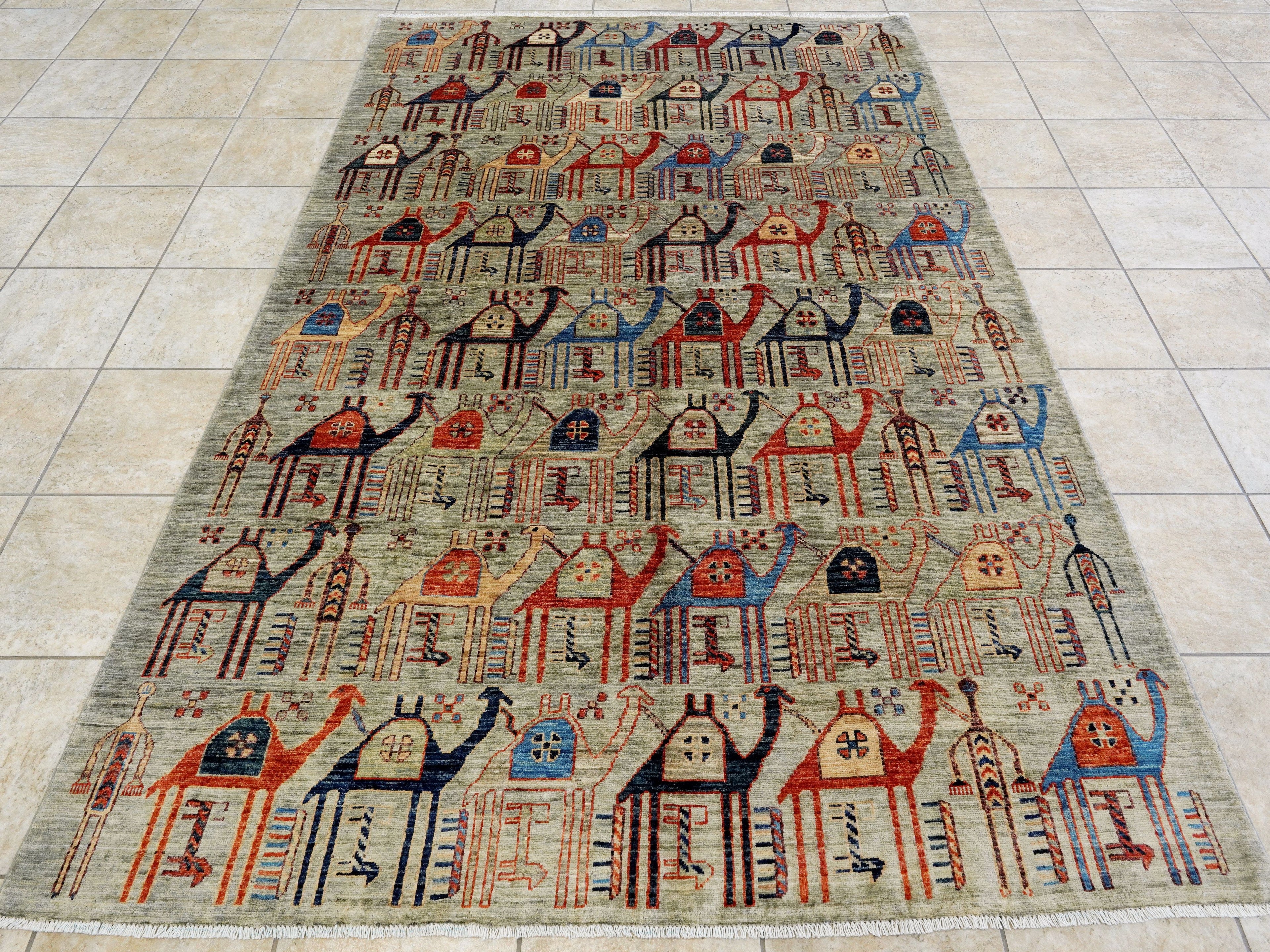 6x9 Ft Gray Camel Rug - Handmade Area Rug - Animal Design