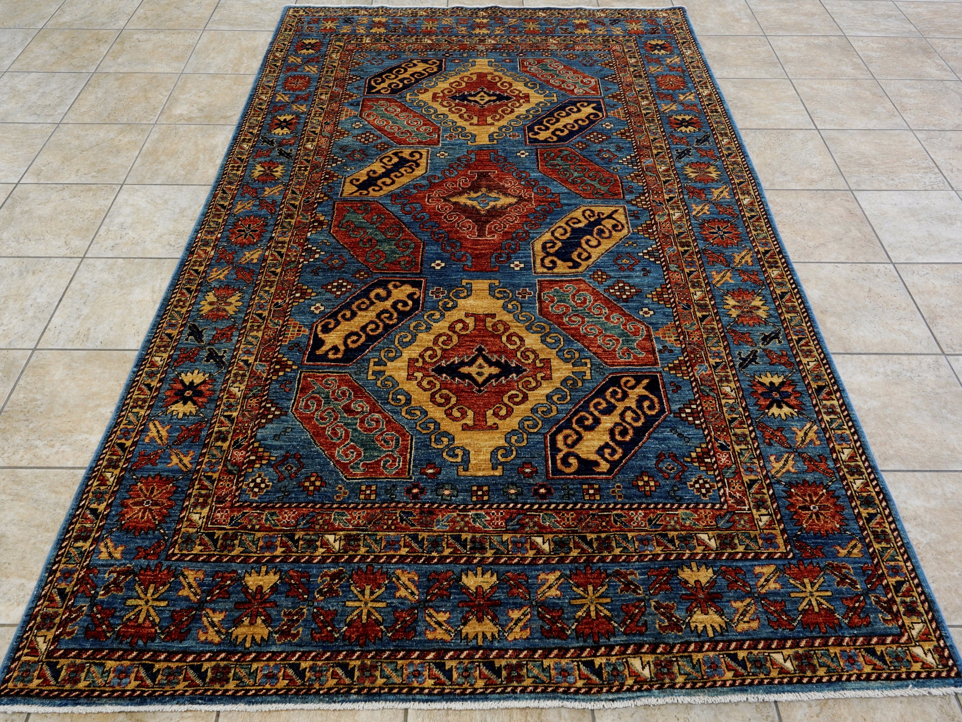 6x9 Ft Blue Afghan Rug - Hand Knotted Oriental Rug