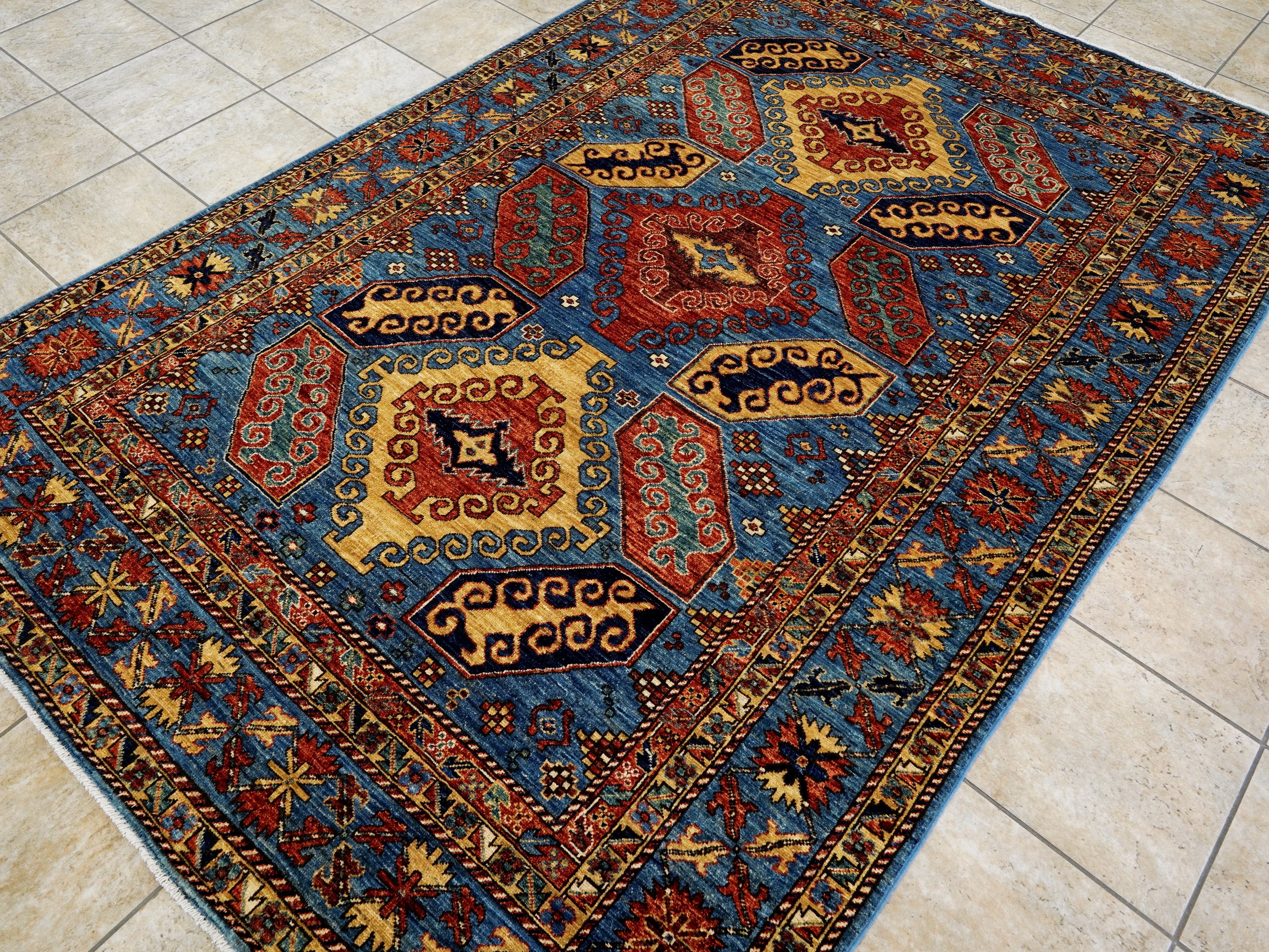 6x9 Ft Blue Afghan Rug - Hand Knotted Oriental Rug
