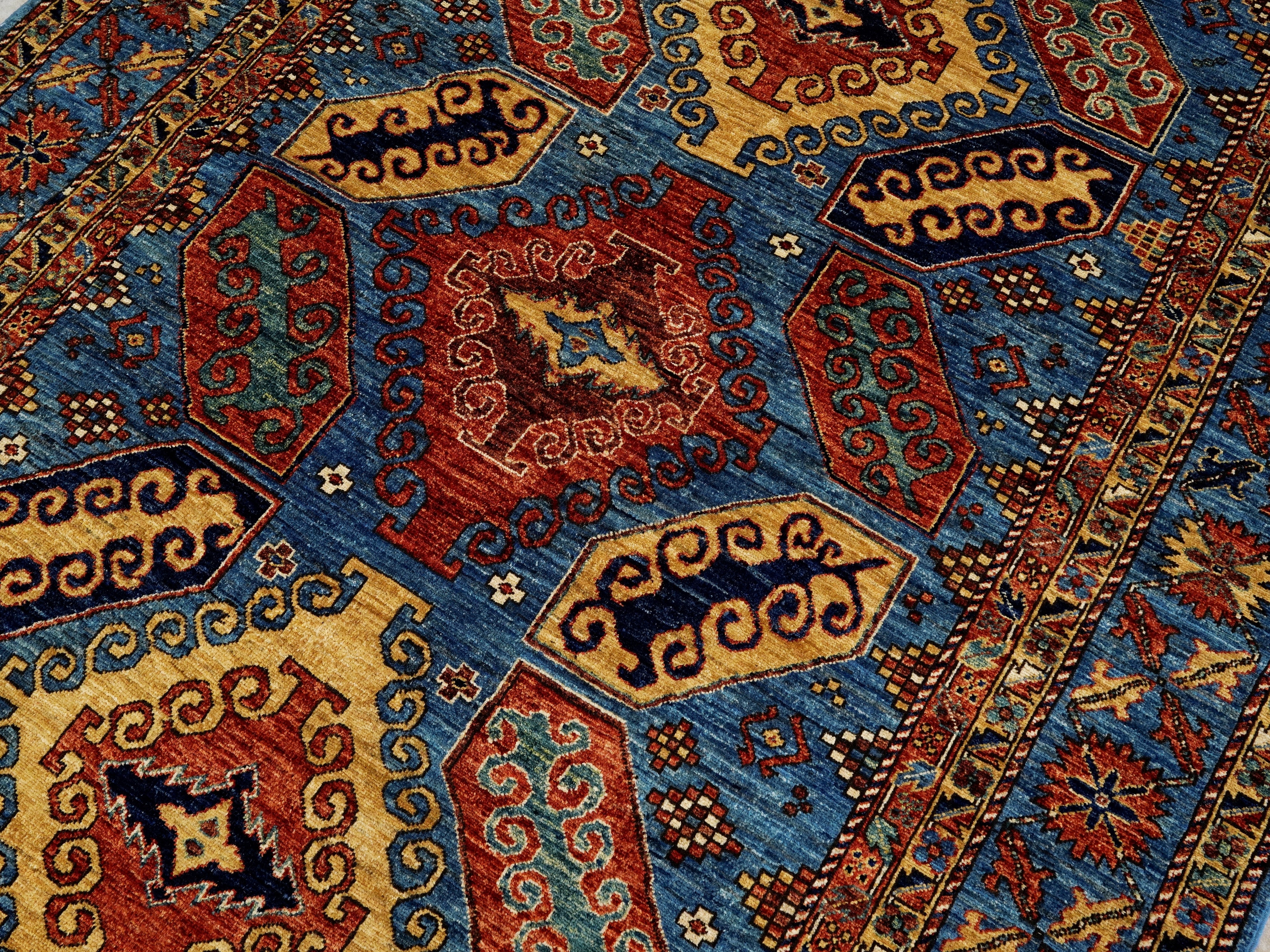 6x9 Ft Blue Afghan Rug - Hand Knotted Oriental Rug