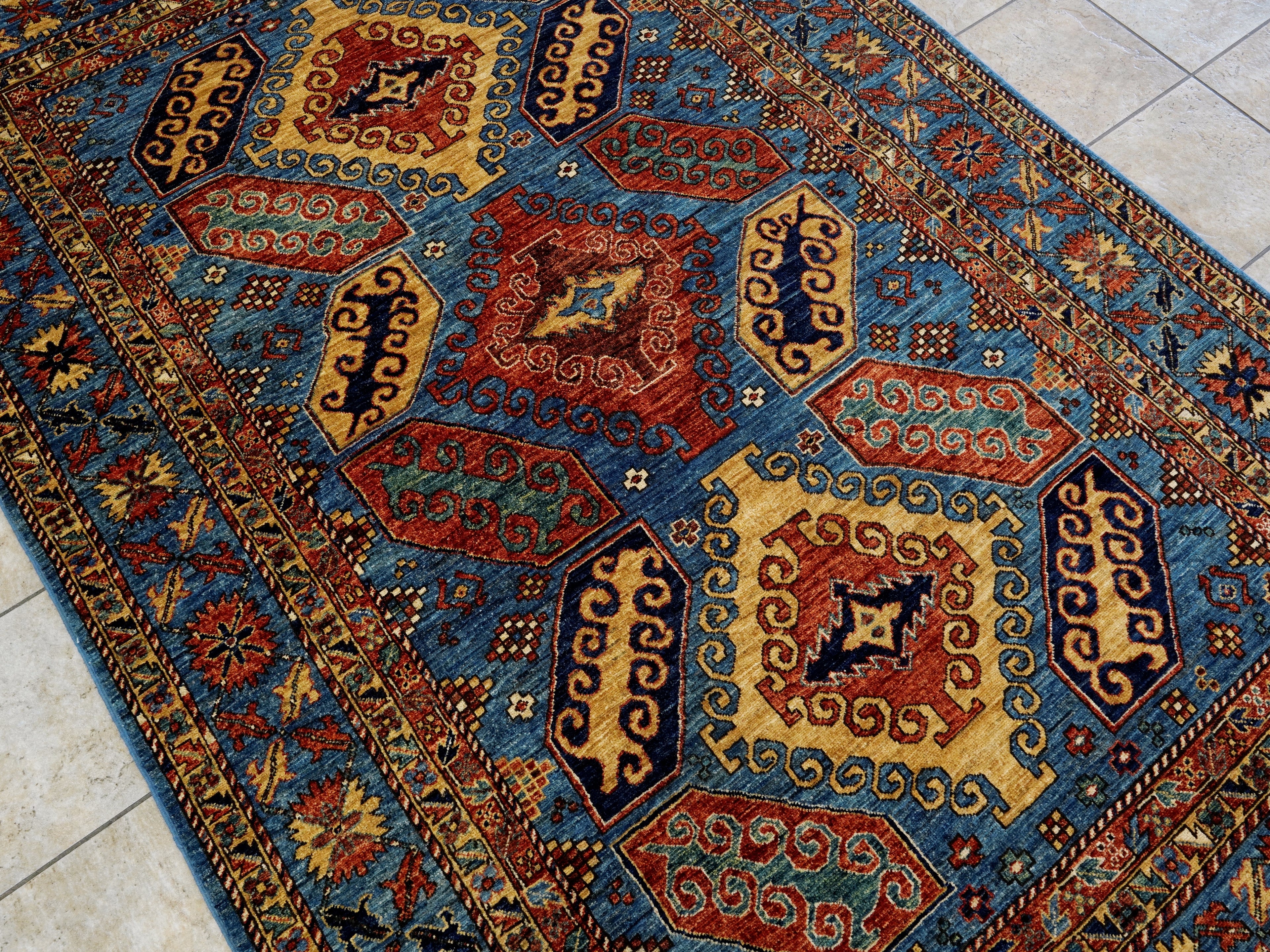 6x9 Ft Blue Afghan Rug - Hand Knotted Oriental Rug