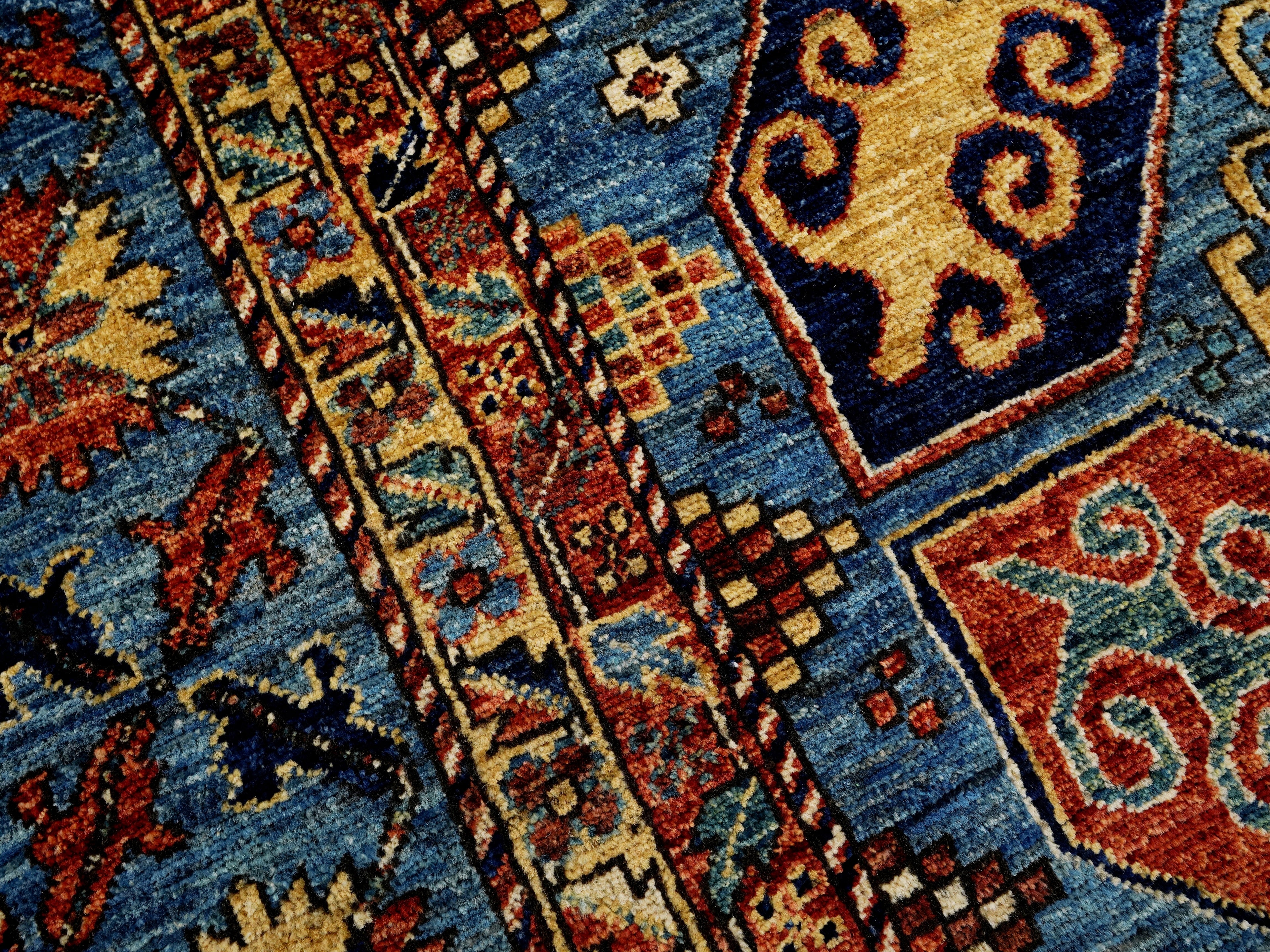 6x9 Ft Blue Afghan Rug - Hand Knotted Oriental Rug