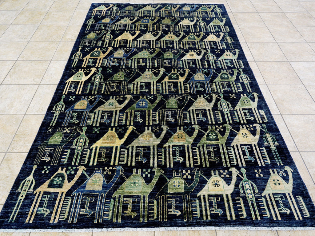 6x9 Ft Blue & Green Camel Rug - Handmade Area Rug - Animal Design